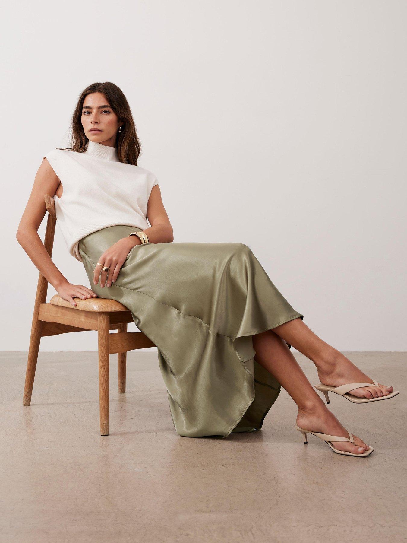 Mint Velvet Khaki Satin Slip Midi Skirt - Green