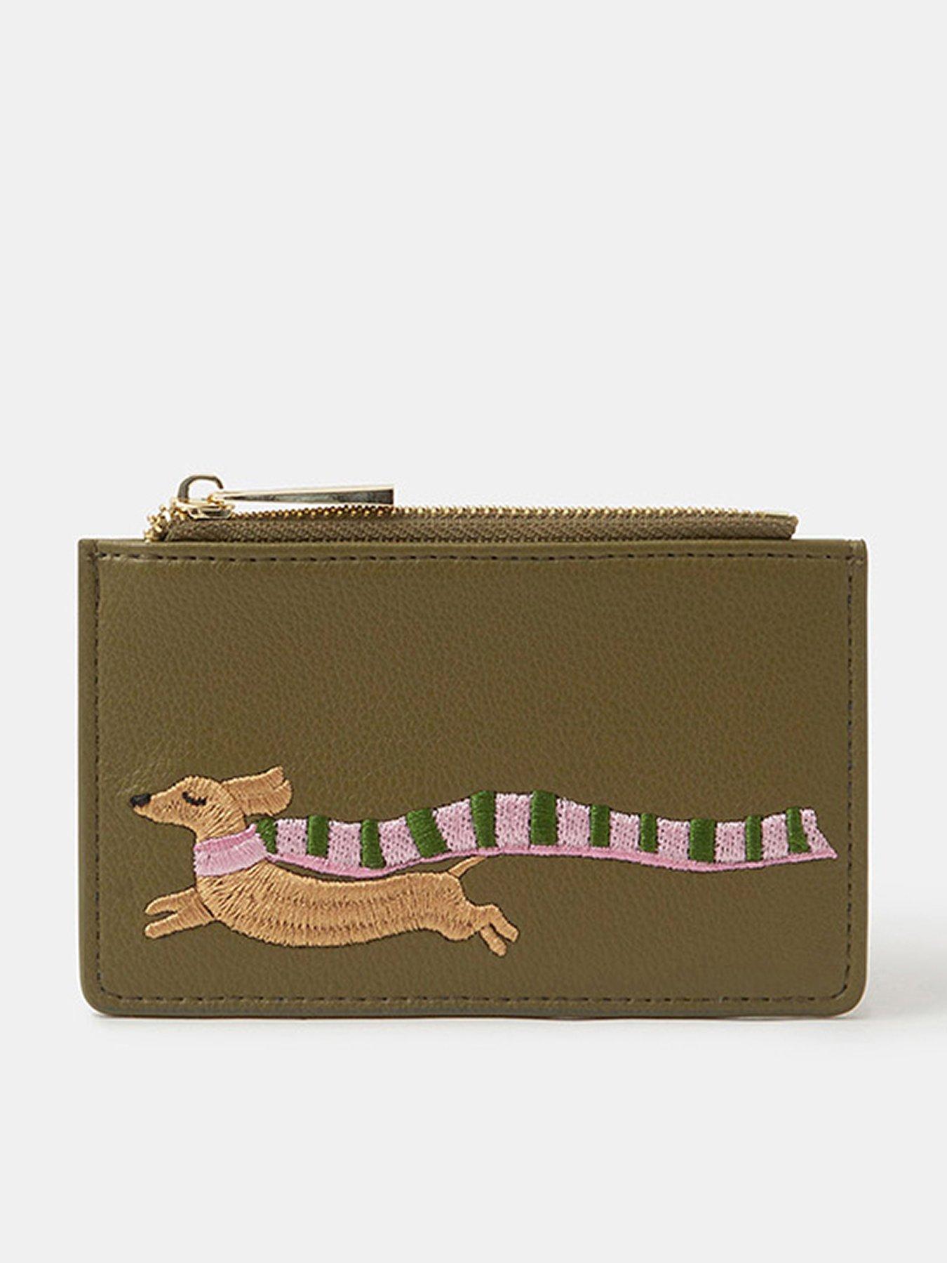 Image 1 of 3 of Accessorize Sausage Dog Embroidered Card Holder - Green