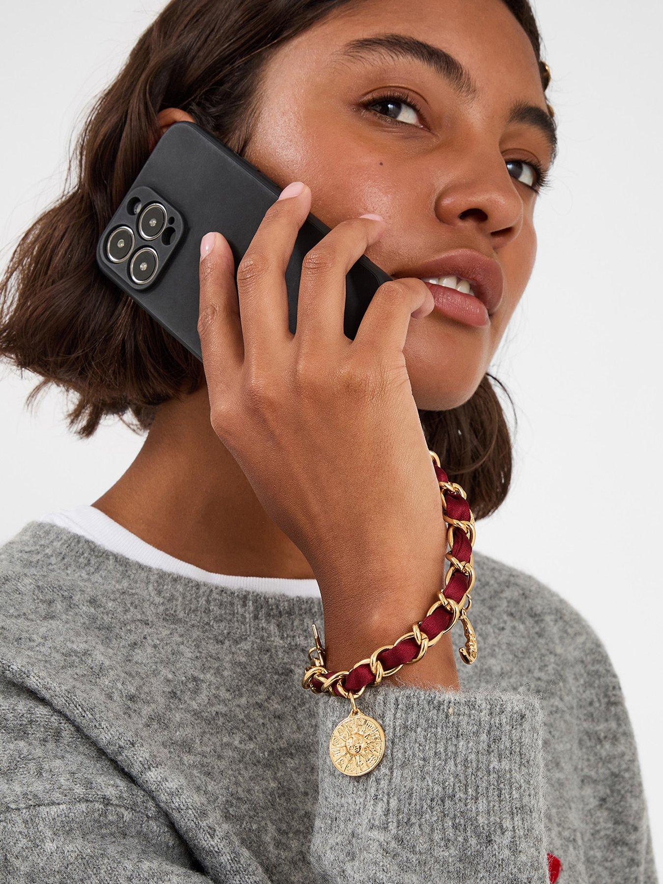 Image 2 of 3 of Accessorize Celestial Satin Chain Wrist Phone Strap - Red