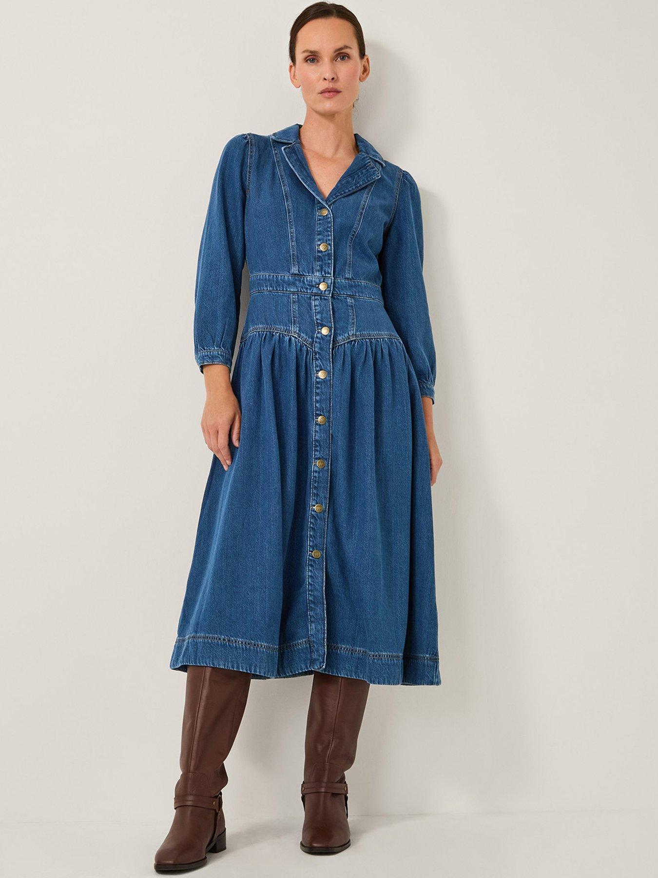 Image 1 of 5 of Monsoon Tamsin Button Dress - Blue