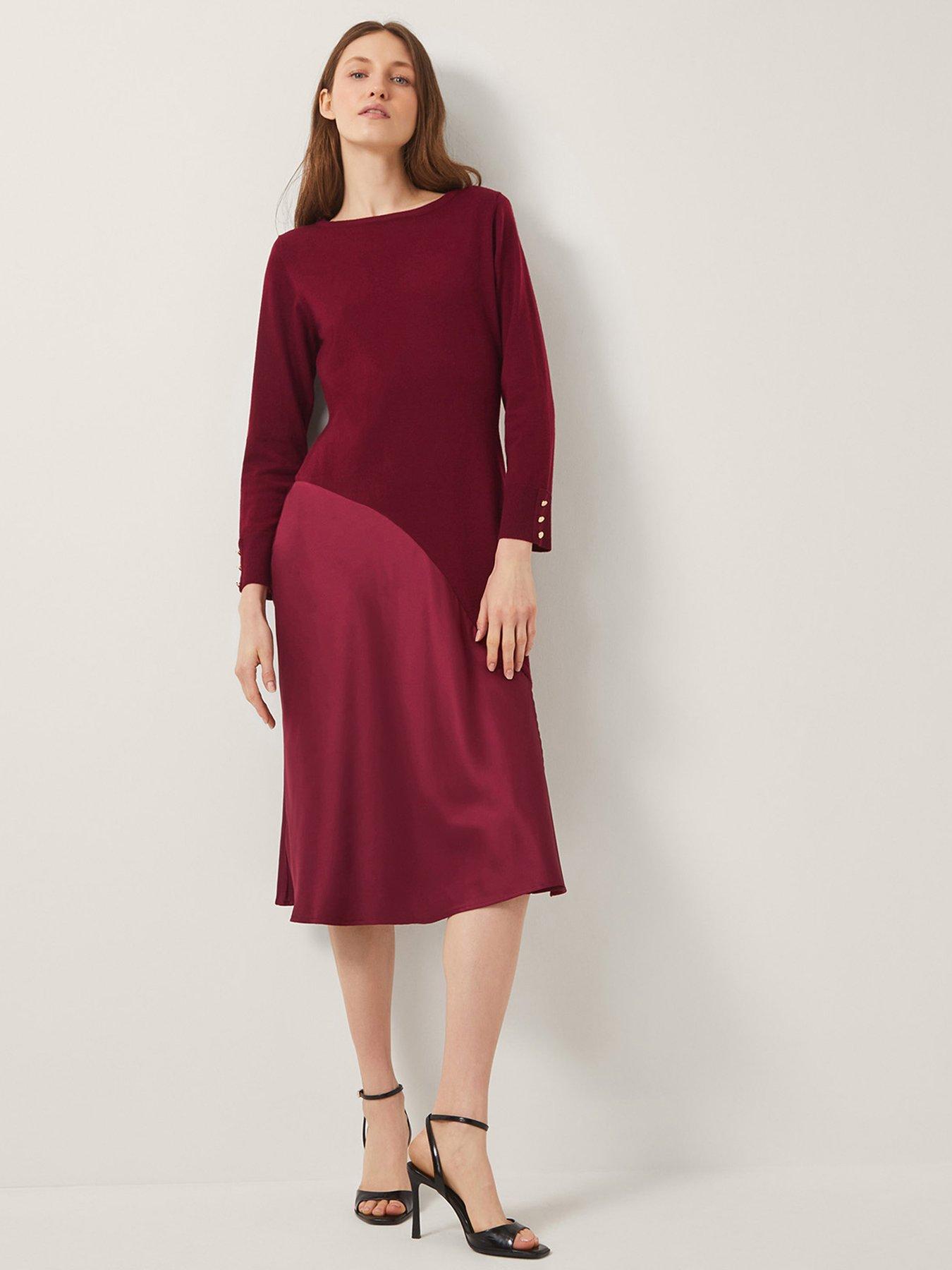 Monsoon Saz Asymmetrical Mix Satin Midi Dress - Berry
