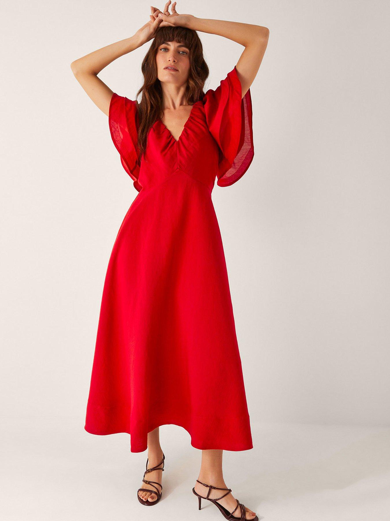 Monsoon Patricia Ruffle Sleeve Midi Dress - Red