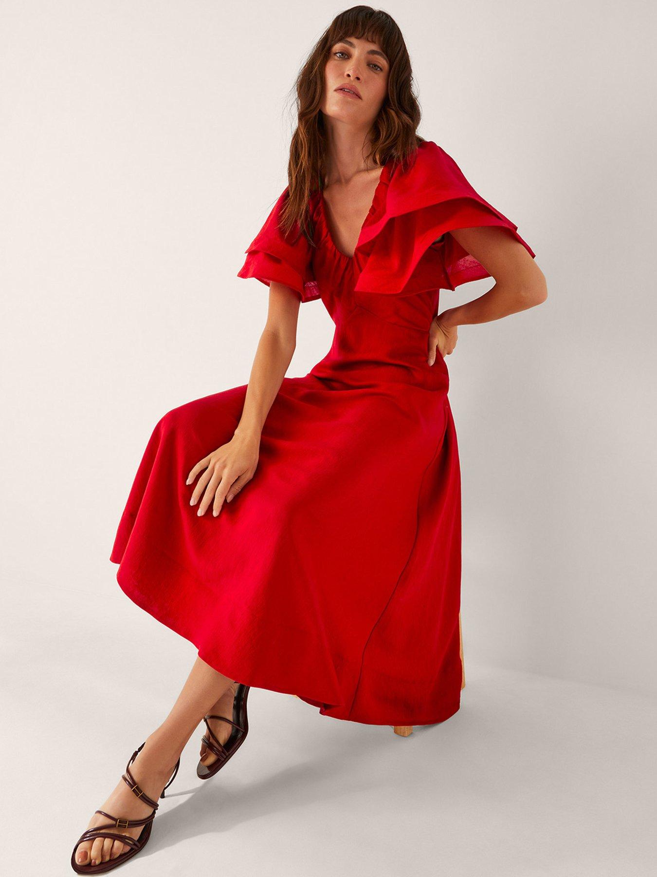 Image 4 of 5 of Monsoon Patricia Ruffle Sleeve Midi Dress - Red