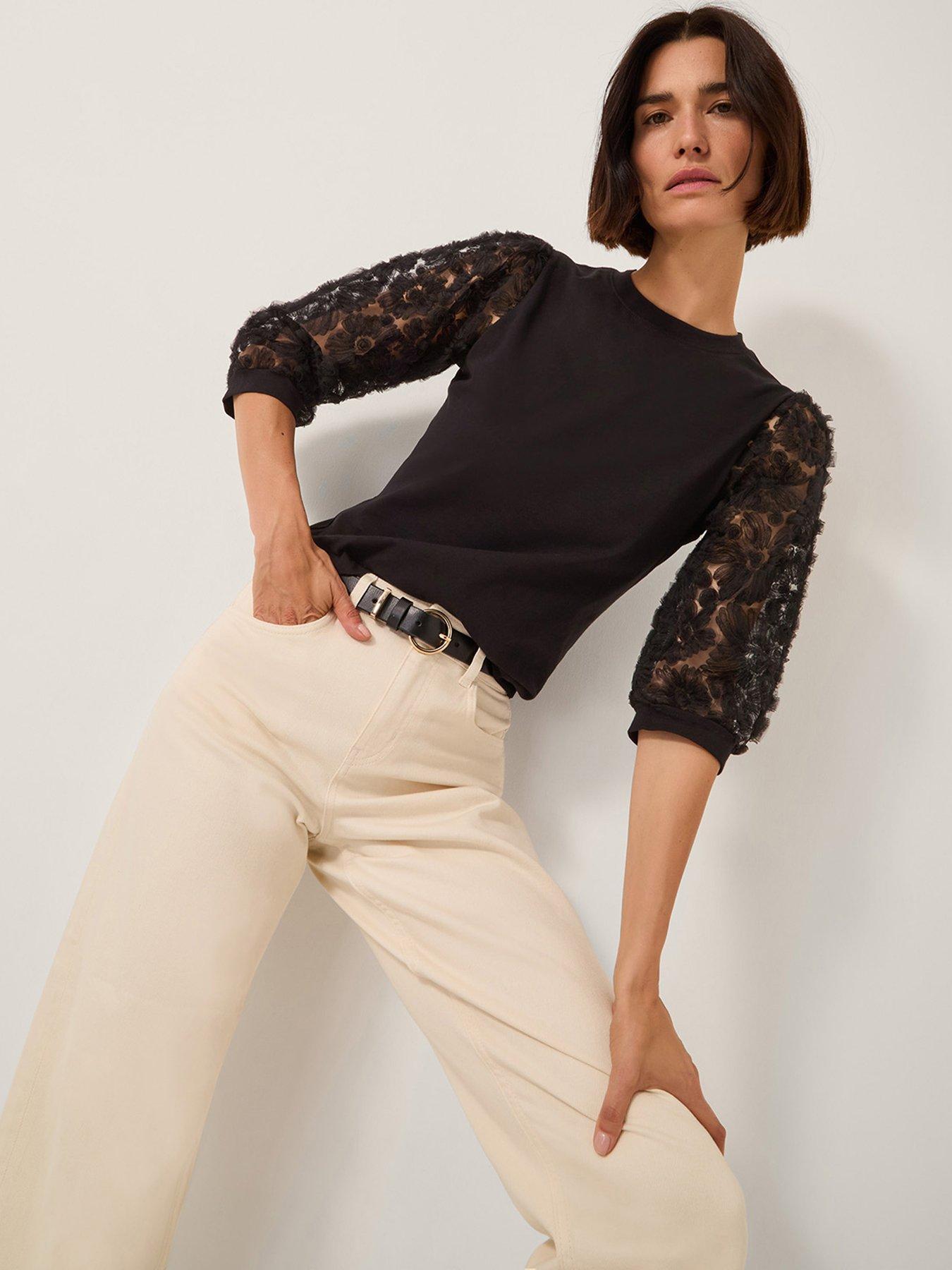 Monsoon Flavia Fabric Mix Top - Black