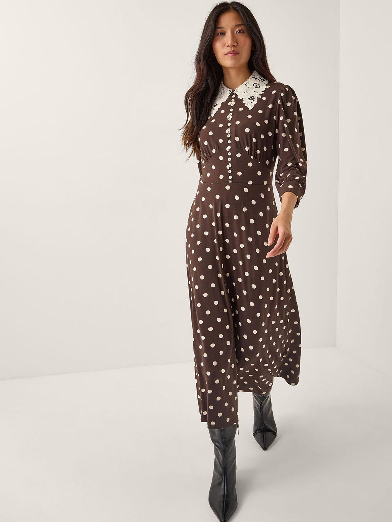Monsoon Paris Spot Jersey Dress - Chocolate