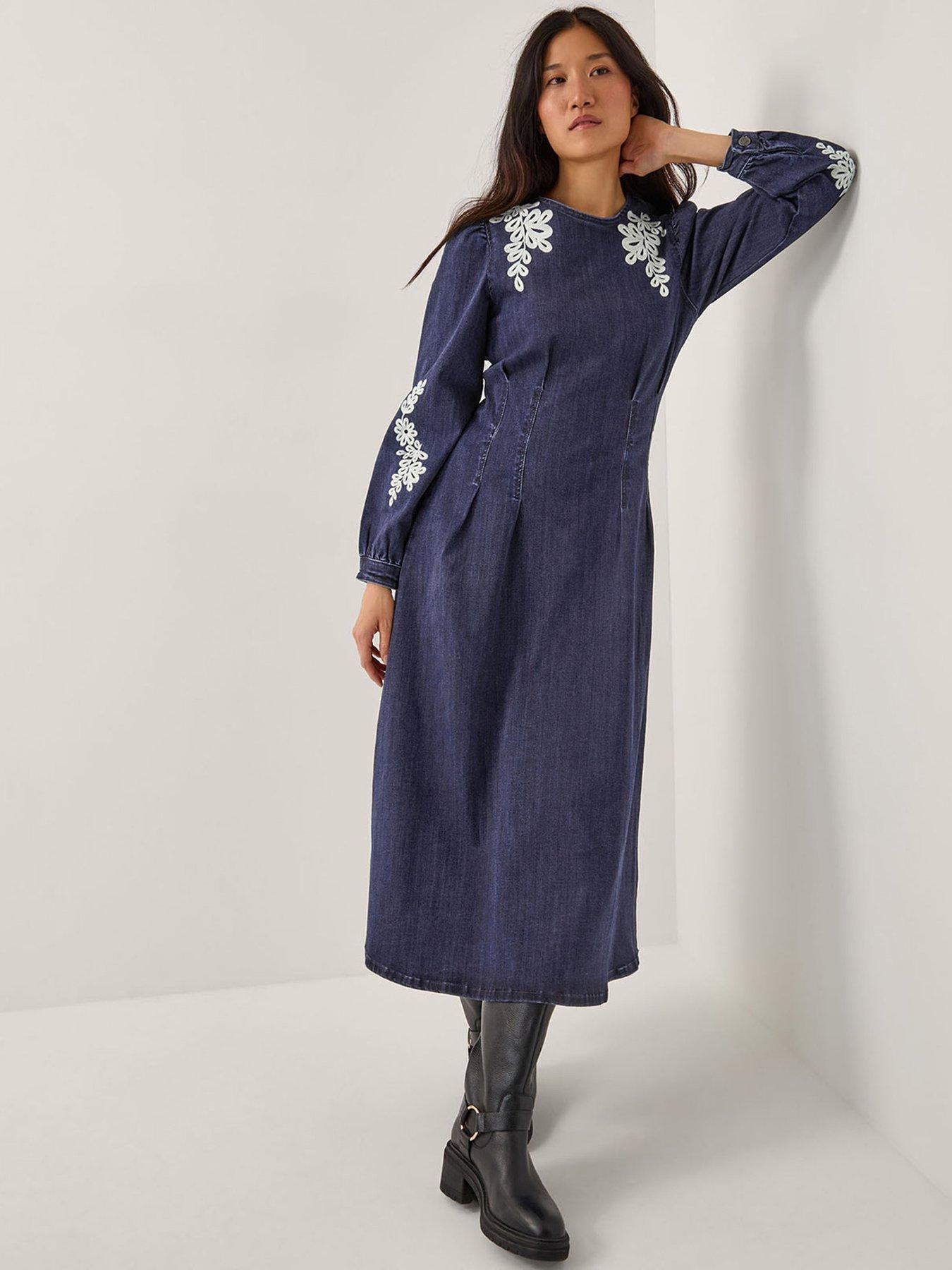 Monsoon Eileen Embroidered Dress - Indigo