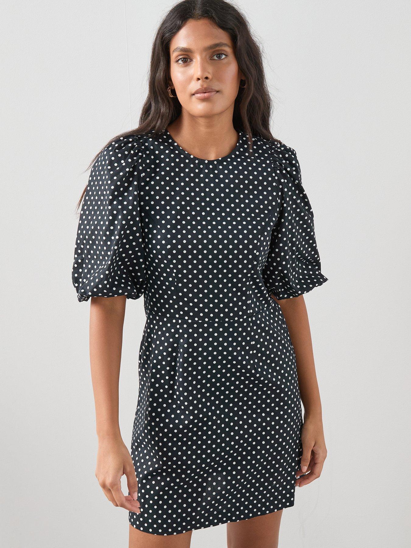 Image 1 of 6 of The Very Collection Polka Dot Puff Sleeve Mini Dress - Black/White