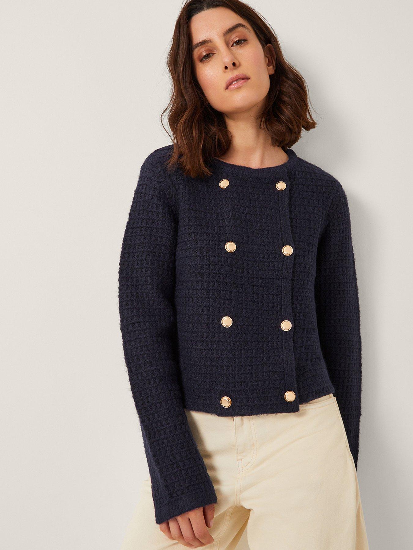Monsoon Skye Double Breasted Waffle Knit Cardigan- Navy