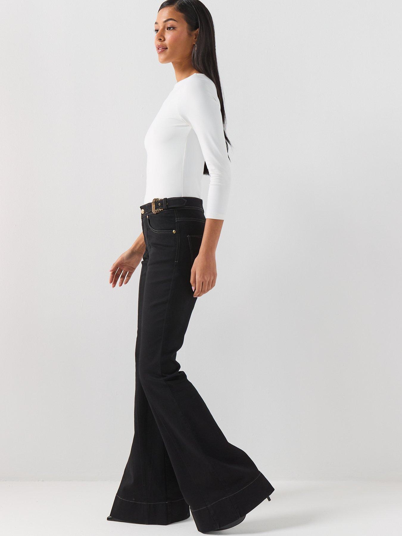 Image 6 of 6 of Versace Jeans Couture Baroque Buckle Flared Jeans - Black