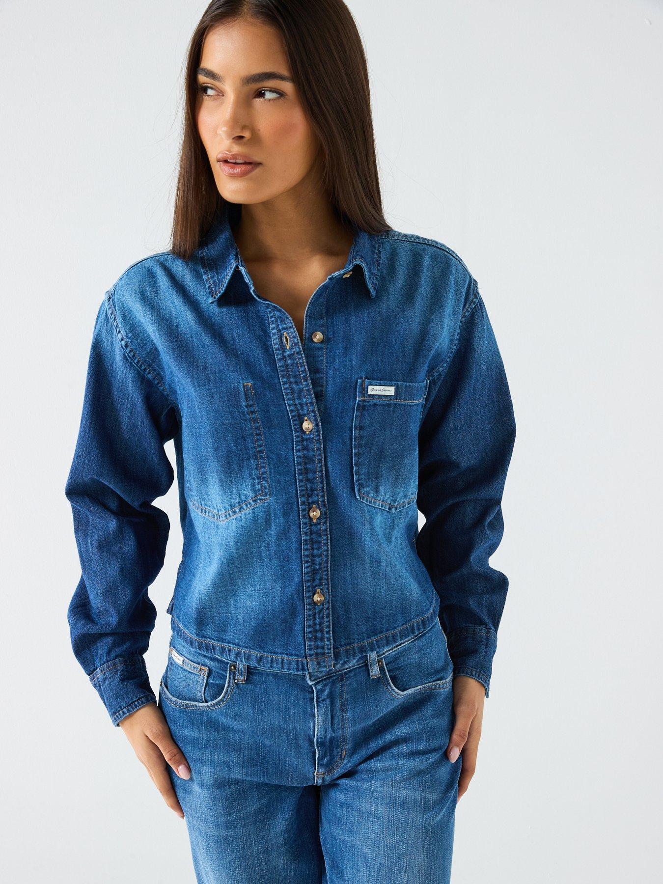 Image 1 of 6 of Guess Jeans Cropped Long Sleeve&nbsp;Denim Shirt - Blue