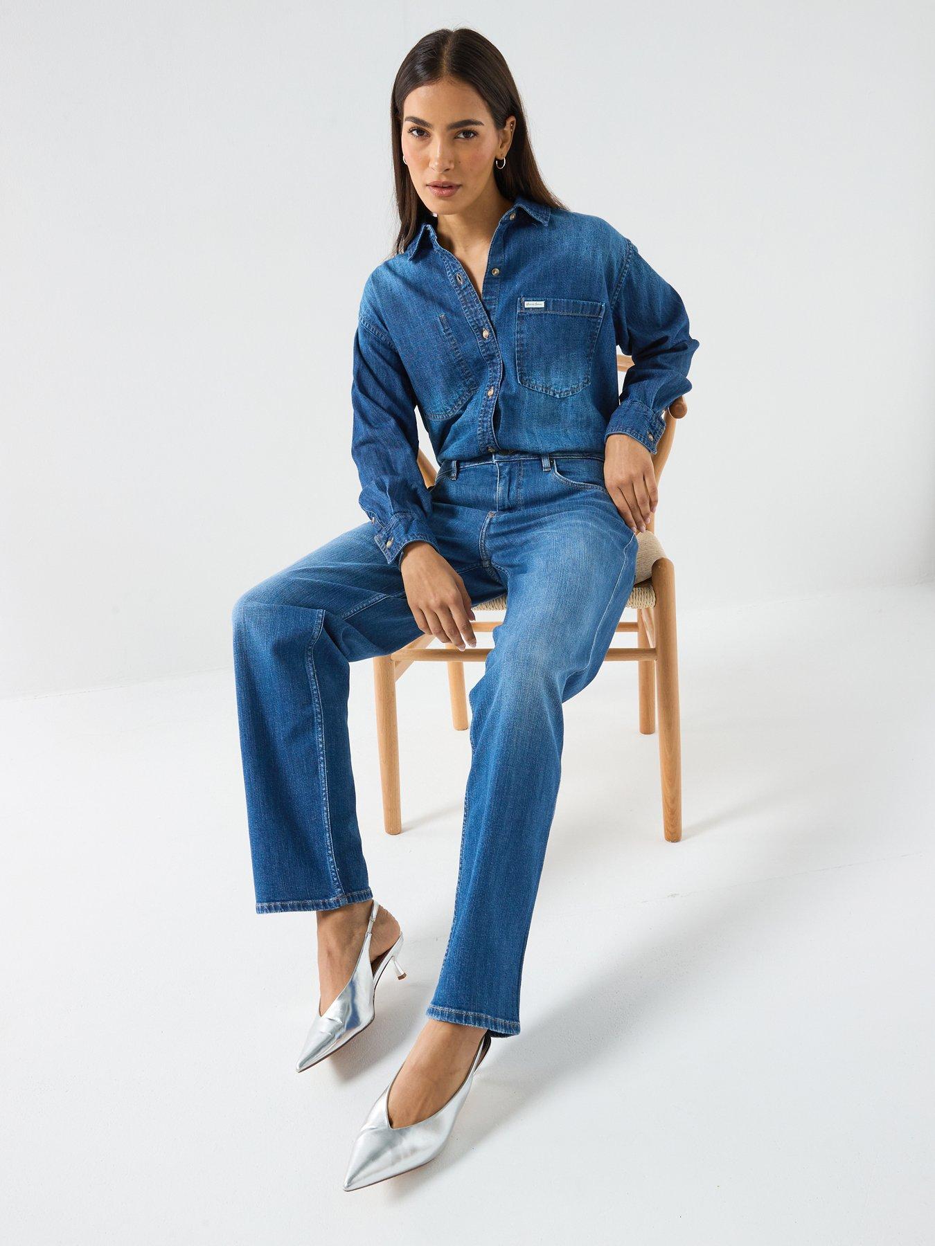 Image 4 of 6 of Guess Jeans Cropped Long Sleeve&nbsp;Denim Shirt - Blue