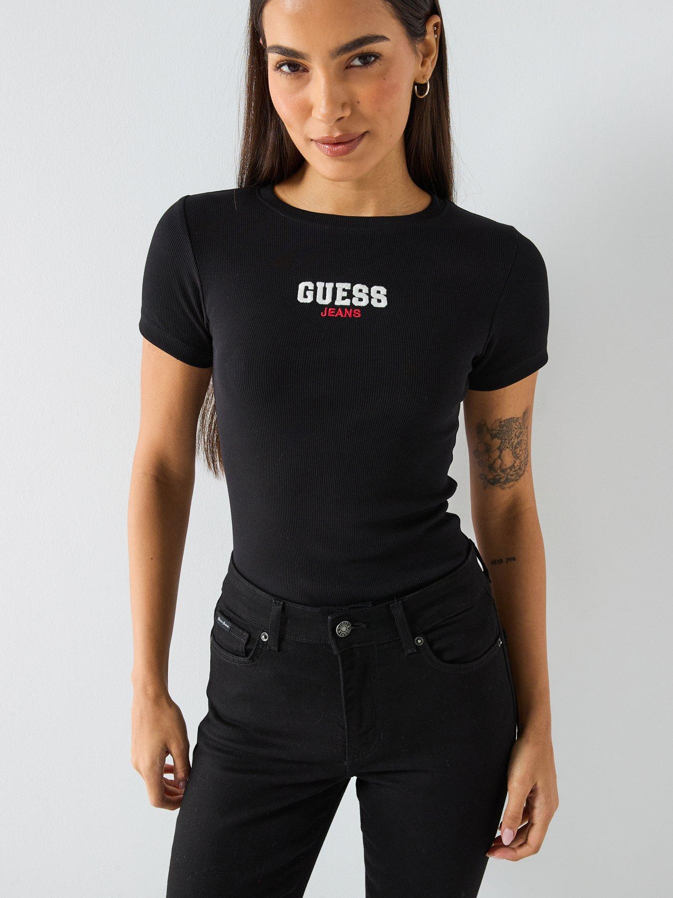 guess-jeans-short-sleeve-slim-ribbed-embroidered-t-shirt-black