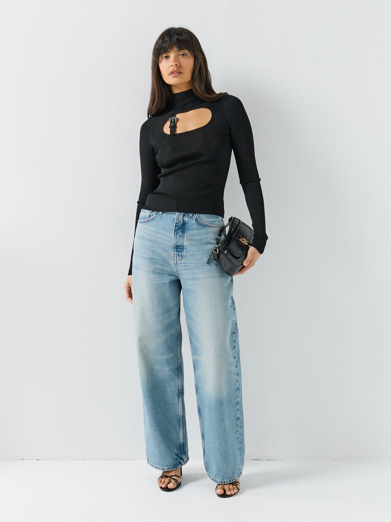 Image 3 of 5 of Versace Jeans Couture Buckle High Neck Knit Top - Black