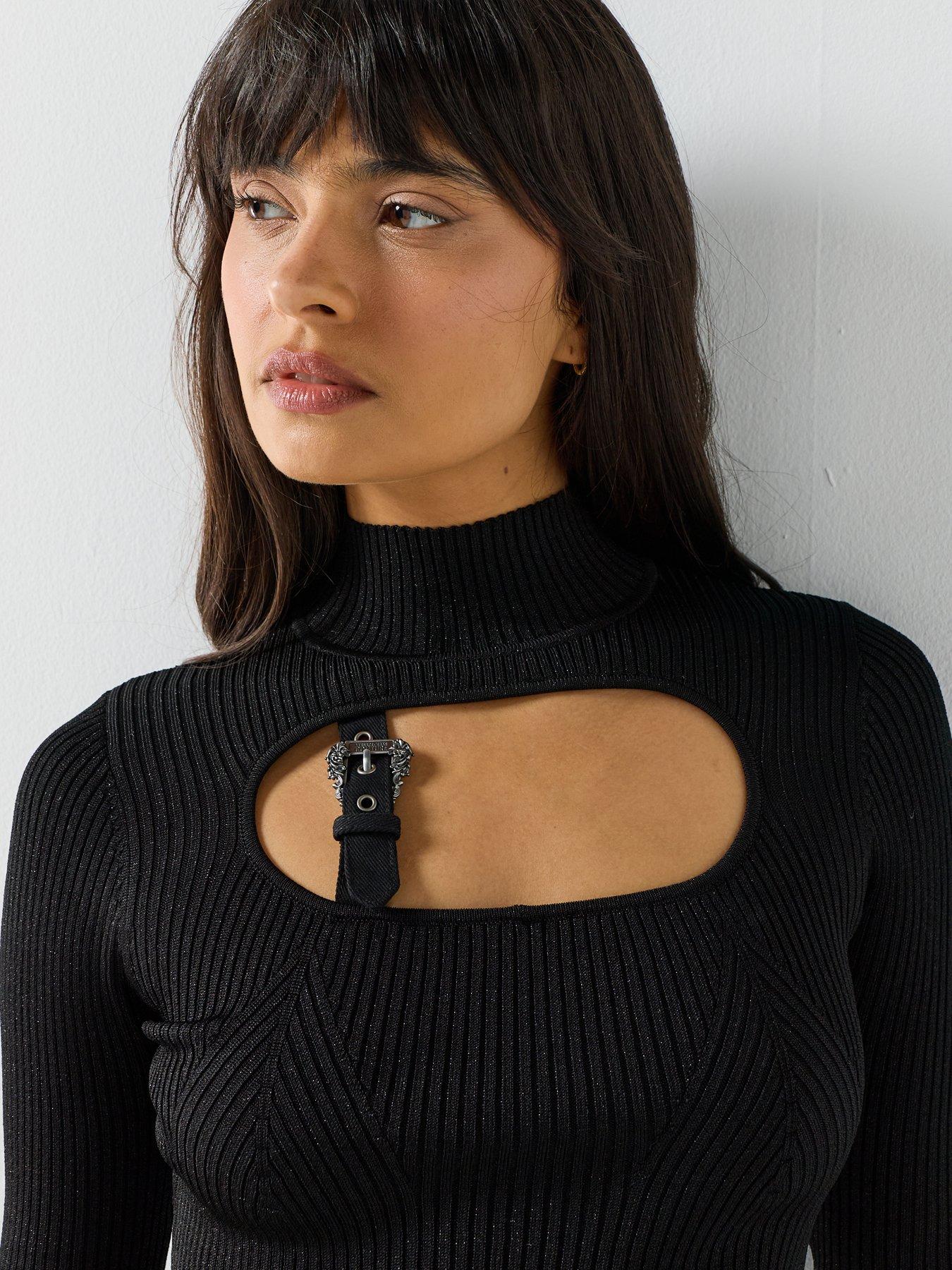 Image 4 of 5 of Versace Jeans Couture Buckle High Neck Knit Top - Black