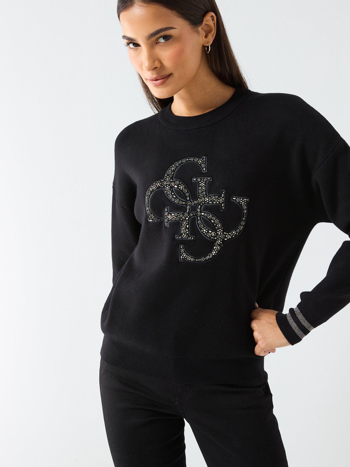 Image 1 of 6 of Guess Long Sleeve Sylvie Logo Sweater - Black
