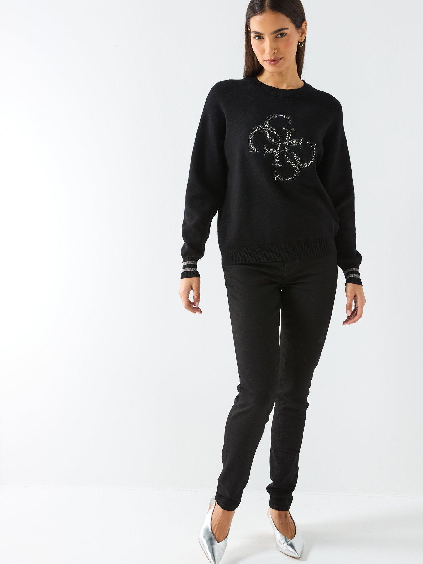 Image 6 of 6 of Guess Long Sleeve Sylvie Logo Sweater - Black