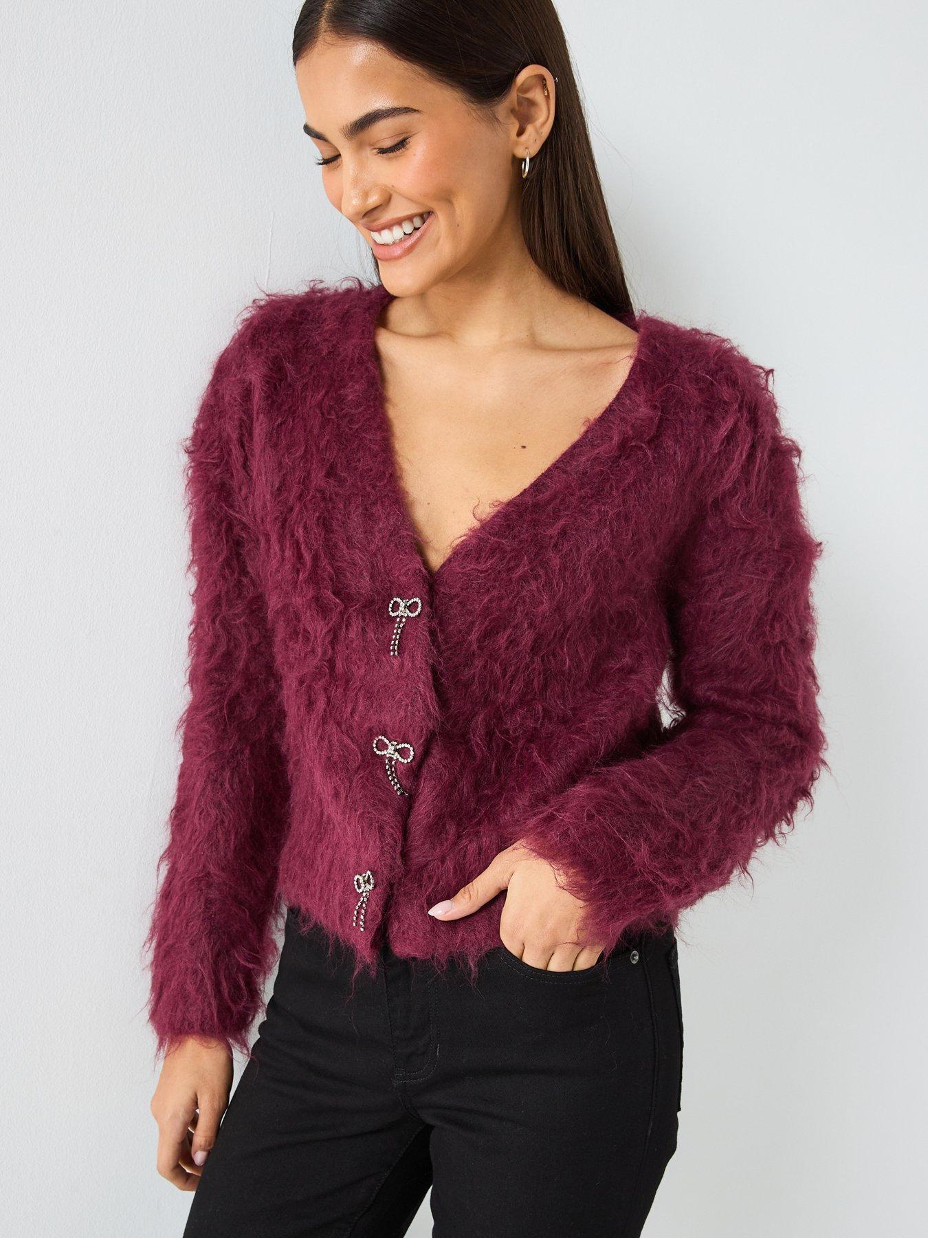 Image 1 of 6 of Guess Long Sleeve Bow Button Cardigan - Dark Red