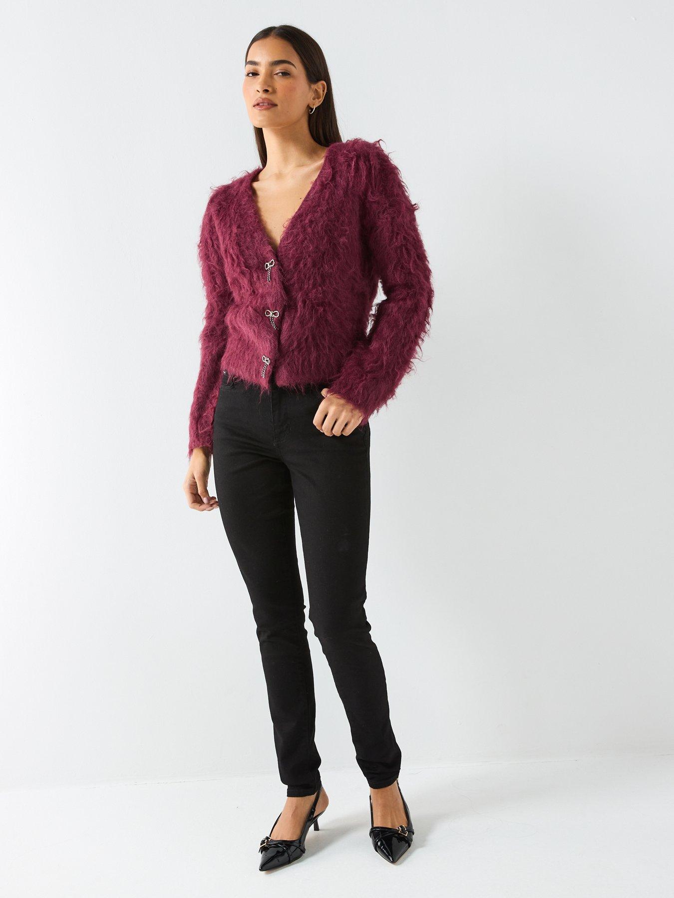Image 3 of 6 of Guess Long Sleeve Bow Button Cardigan - Dark Red