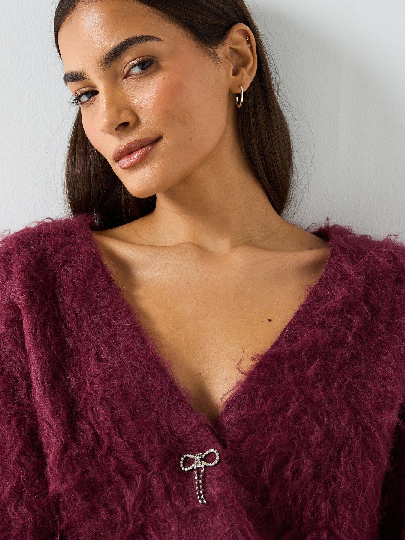 Image 6 of 6 of Guess Long Sleeve Bow Button Cardigan - Dark Red