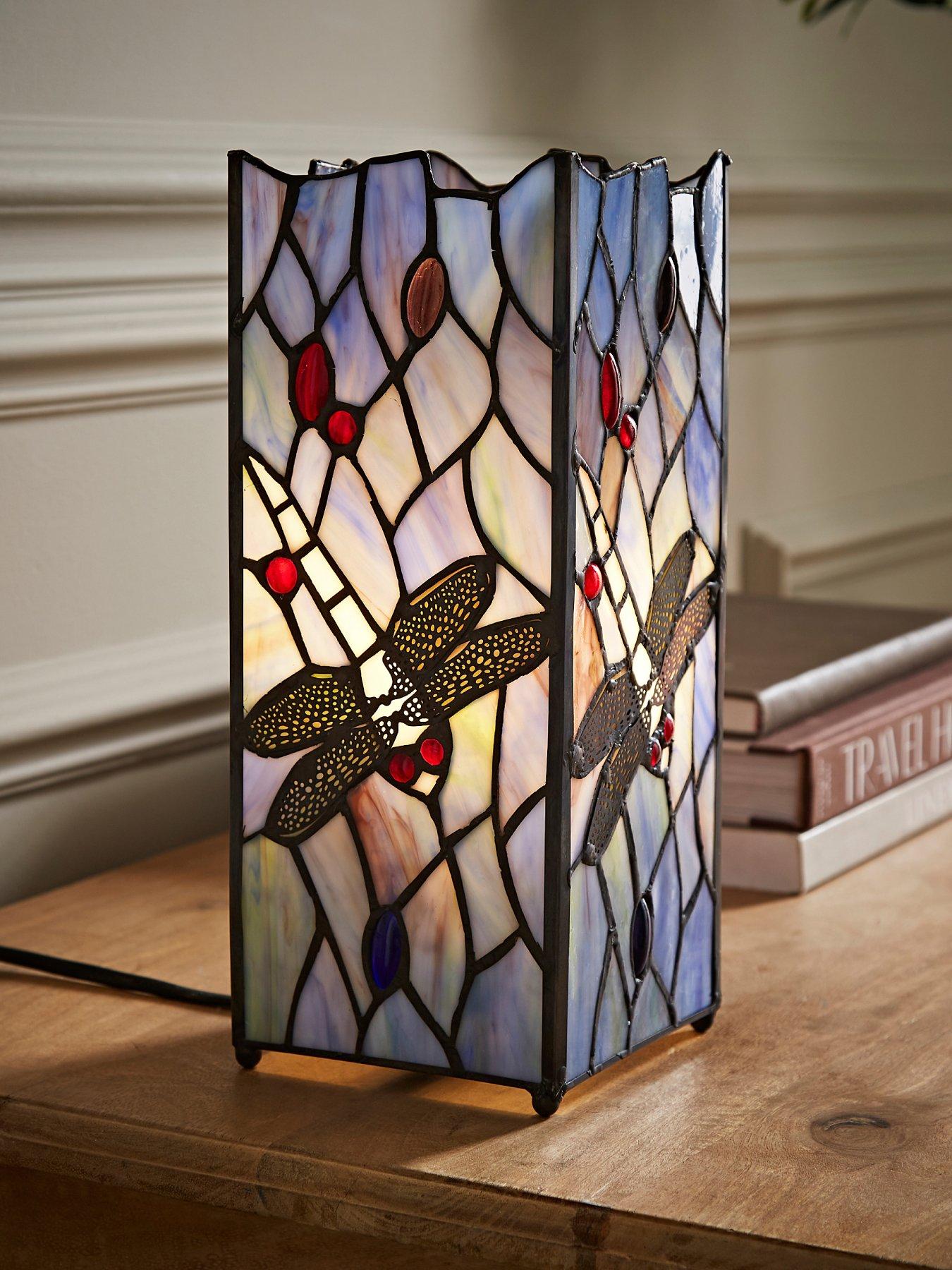Image 1 of 6 of ValueLights Tiffany Dragonfly Design Square Table Lamp