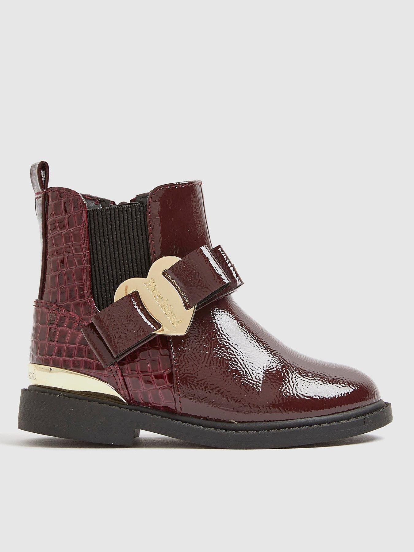 River Island Mini Girls Patent Heart Bow Chelsea Boots - Dark Red
