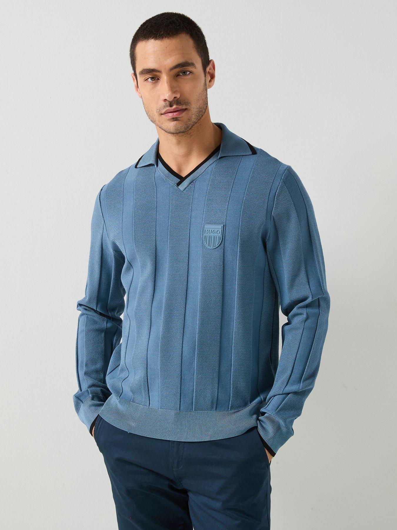 hugo-open-collar-shield-logo-knitted-polo-top-blue