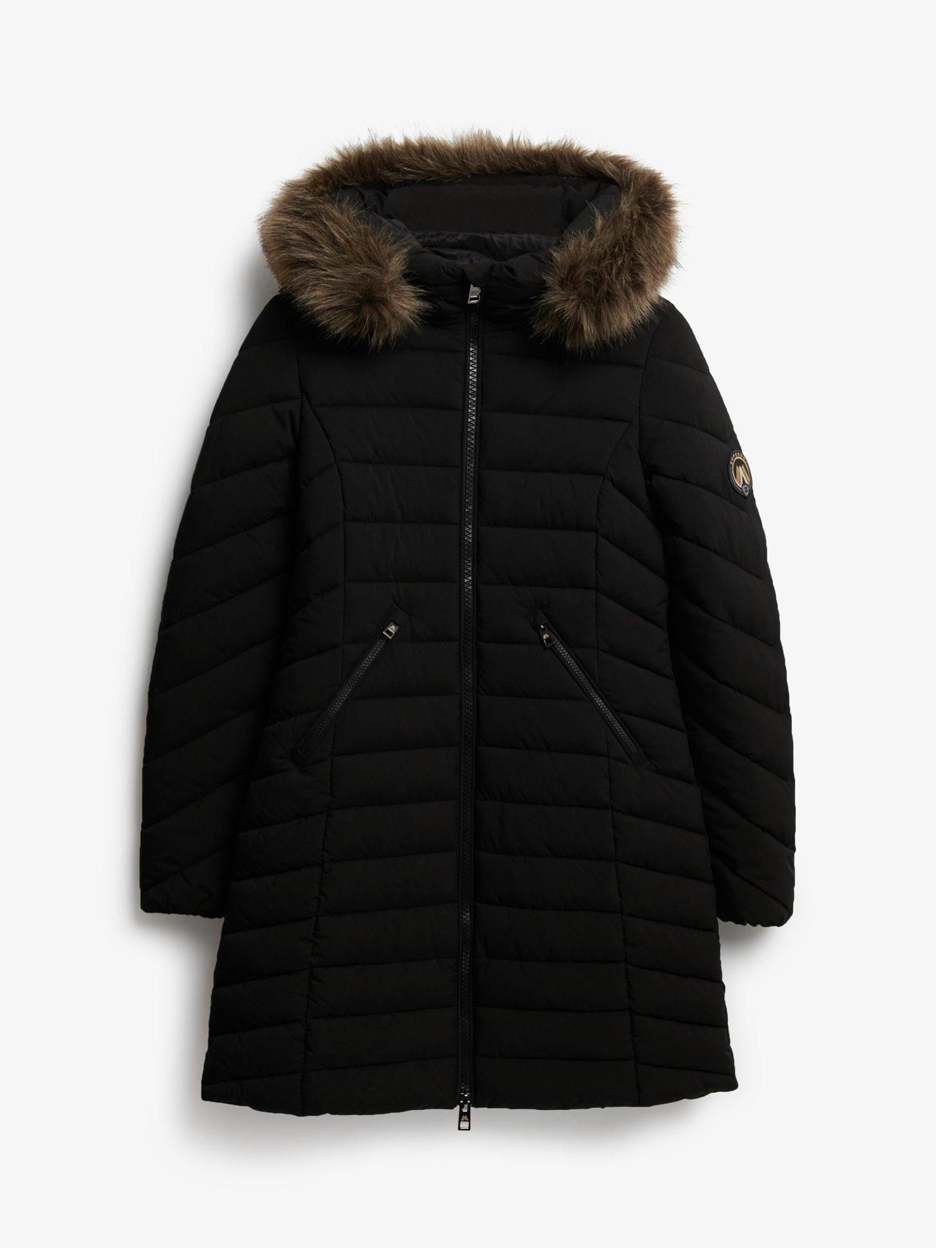 Superdry Fuji Faux Fur Hood Mid Length Coat Black Very Ireland