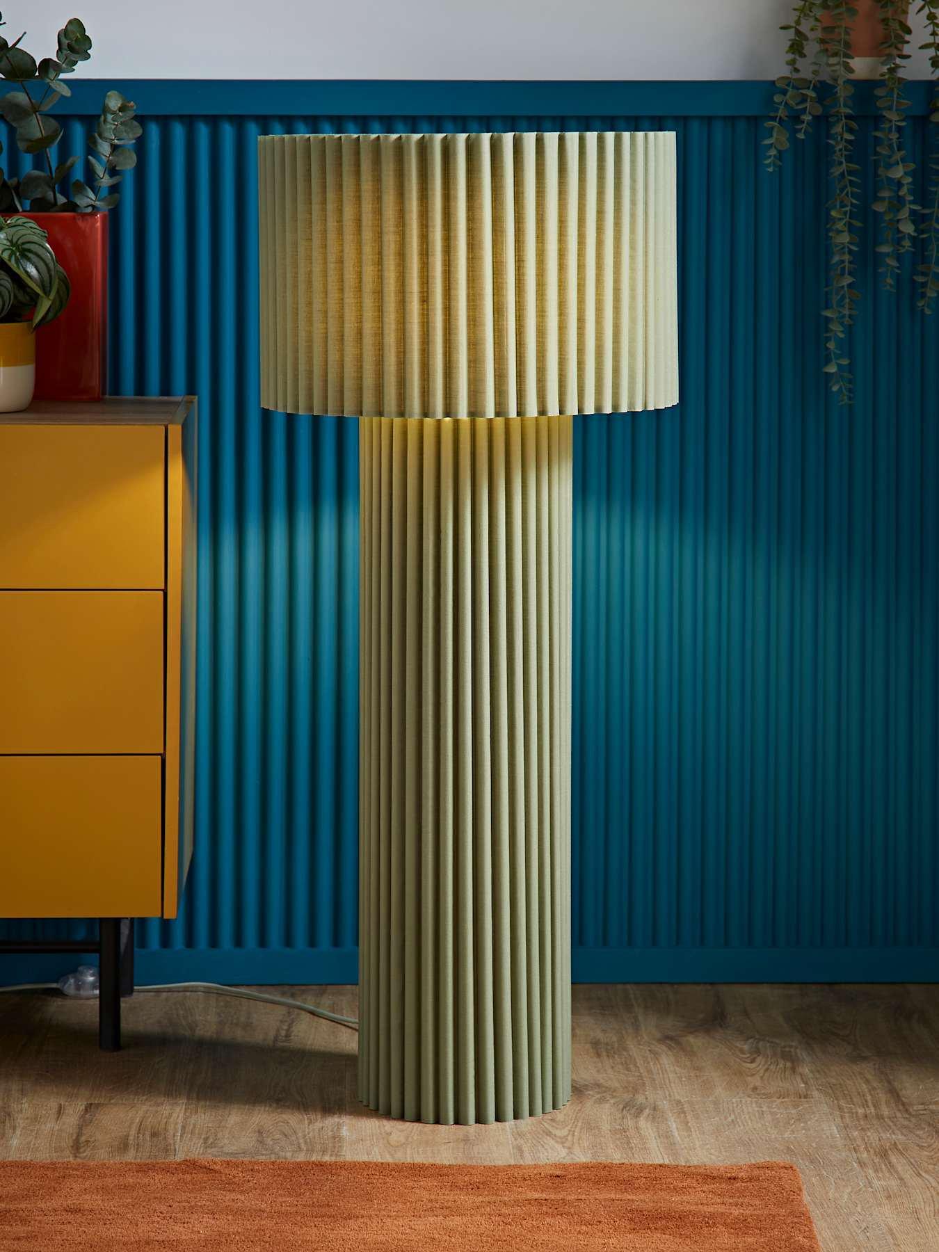 ValueLights Lenny Moss Green Drum Lamp Shade Colour Drench Ribbed Fabric Midi Floor Lamp
