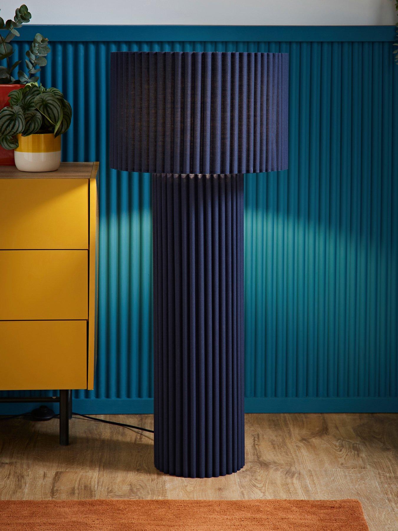 ValueLights Lenny Navy Blue Drum Lamp Shade Colour Drench Ribbed Fabric Midi Floor Lamp