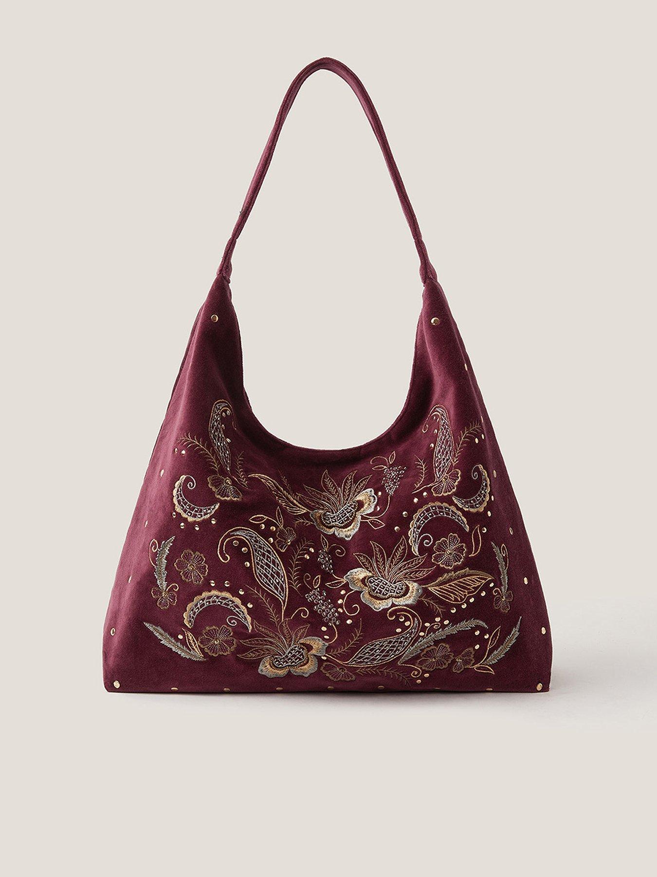 Monsoon Lily Floral Embroidered Slouch Bag - Burgundy