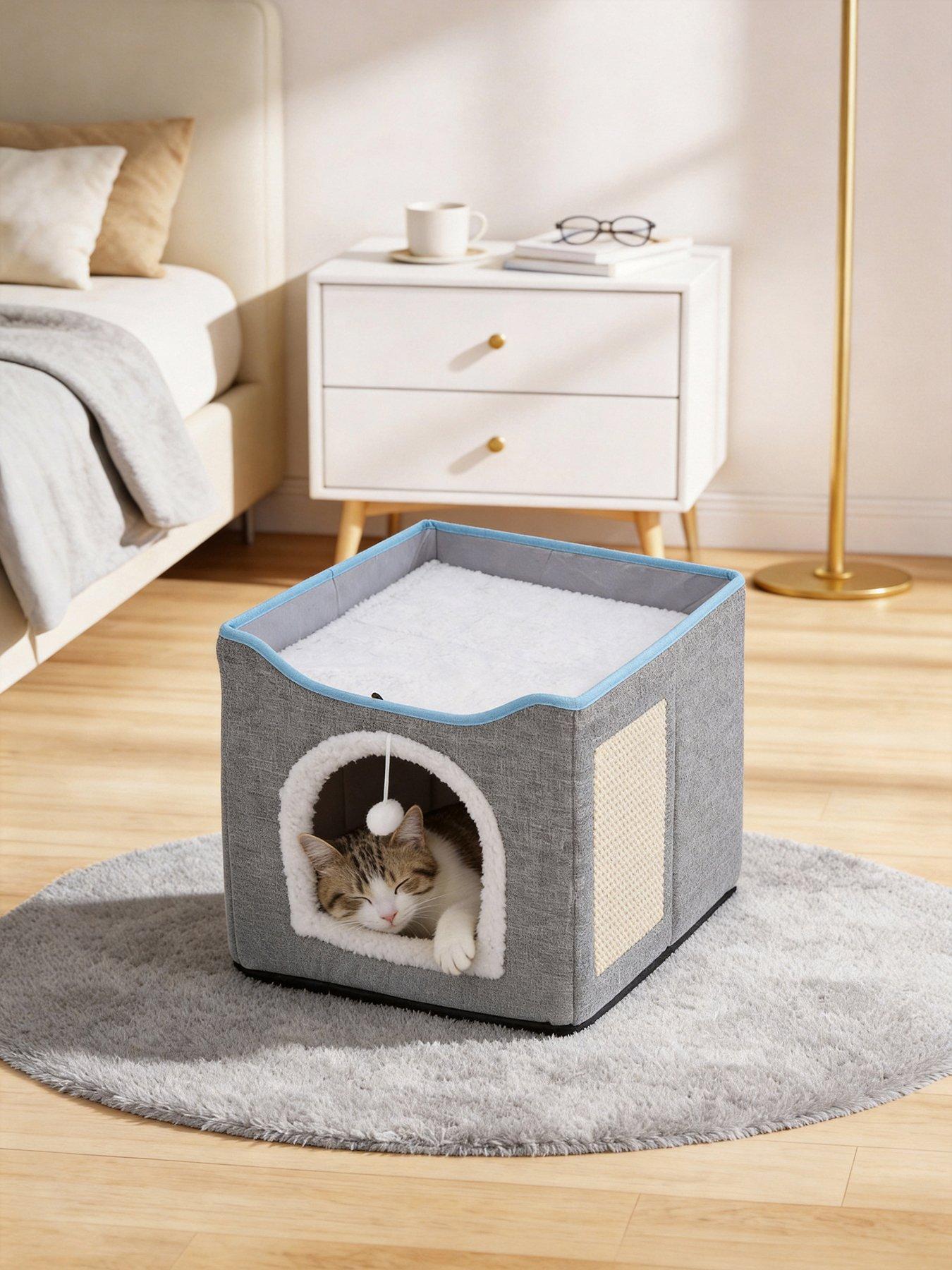 Living and Home Grey Foldable Cat Cave Kitten Igloo Pet Bed with Scratching Pad