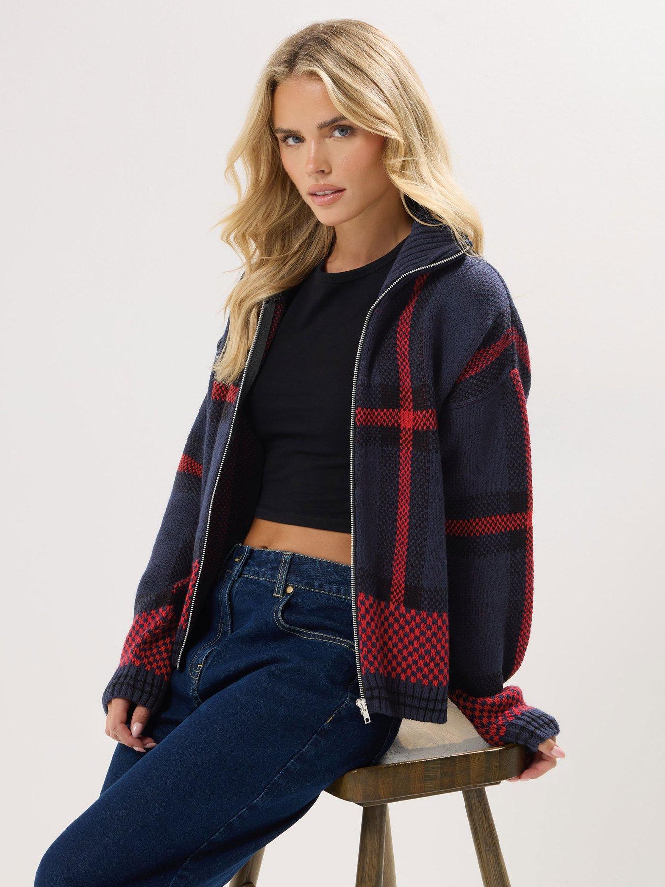 undefined Petite Check Zip Thru Cardigan - Blue