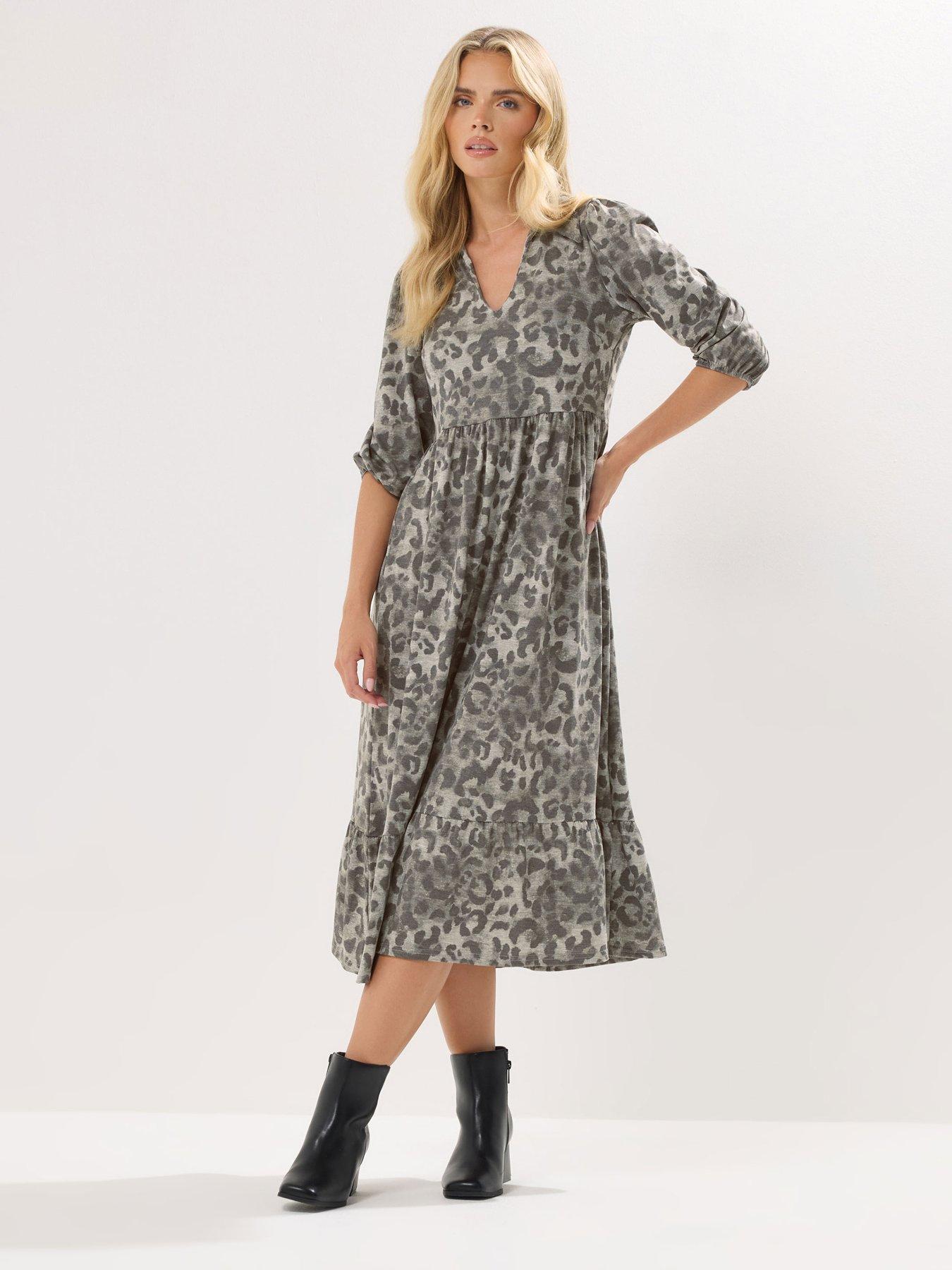 PixieGirl Petite Animal Collar Short Sleeve Midi Dress - Grey