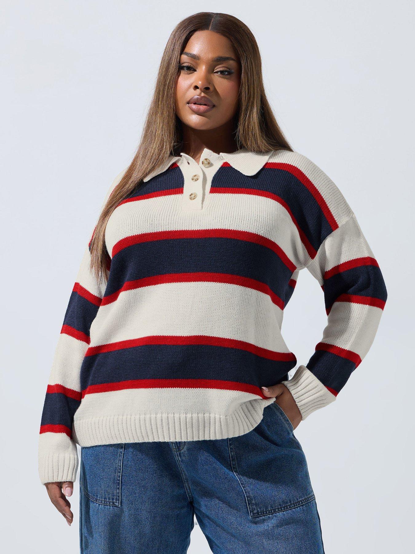 yours-curve-stripe-button-knitted-jumper-white