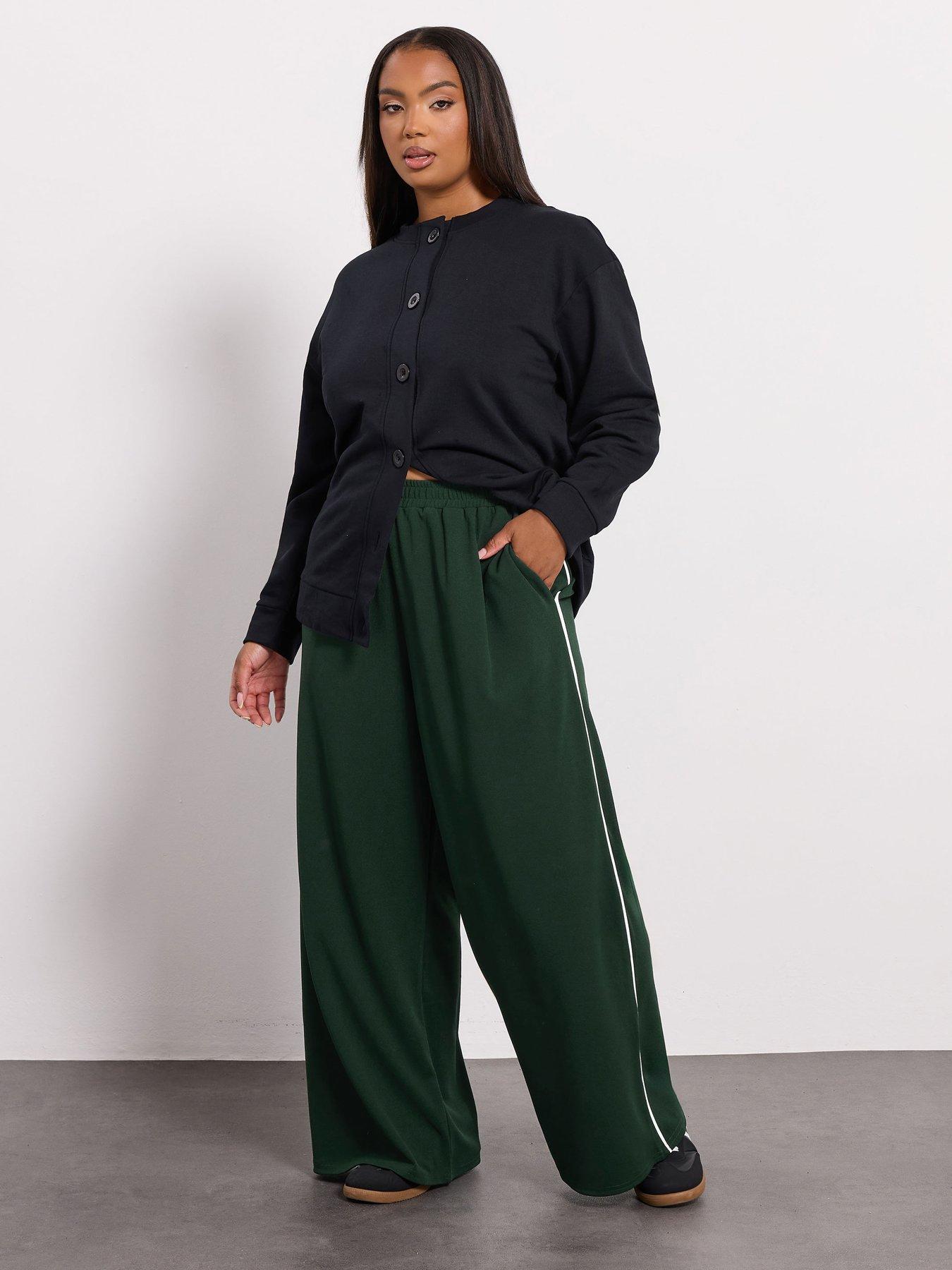 Yours Curve Scuba Sporty Wide Leg Trouser - Green