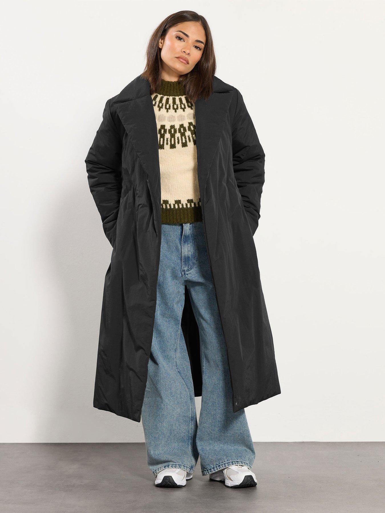 Image 1 of 4 of PixieGirl Petite Longline Duvet Belted Coat - Black