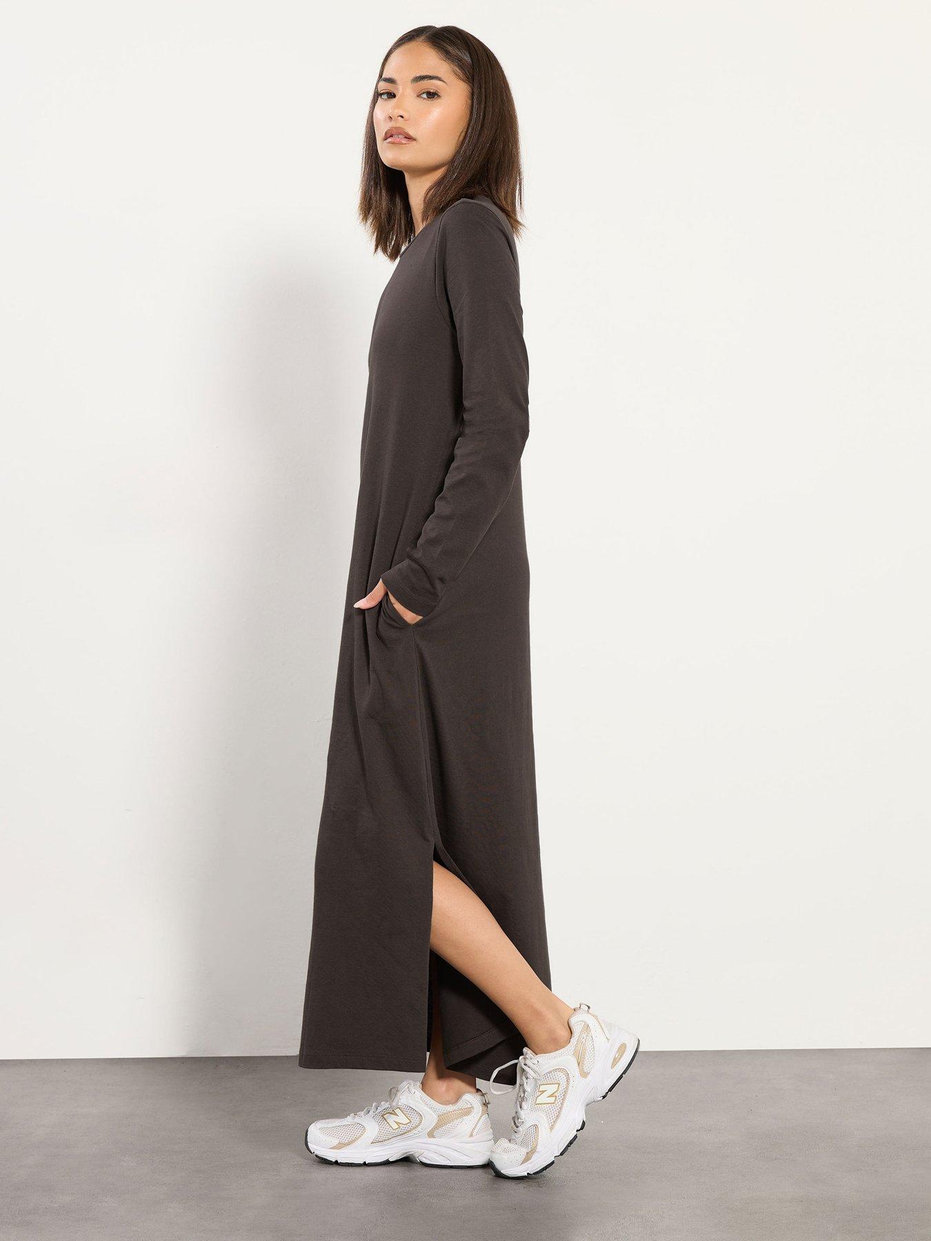 PixieGirl Petite Long Sleeve T-Shirt Maxi Dress - Brown