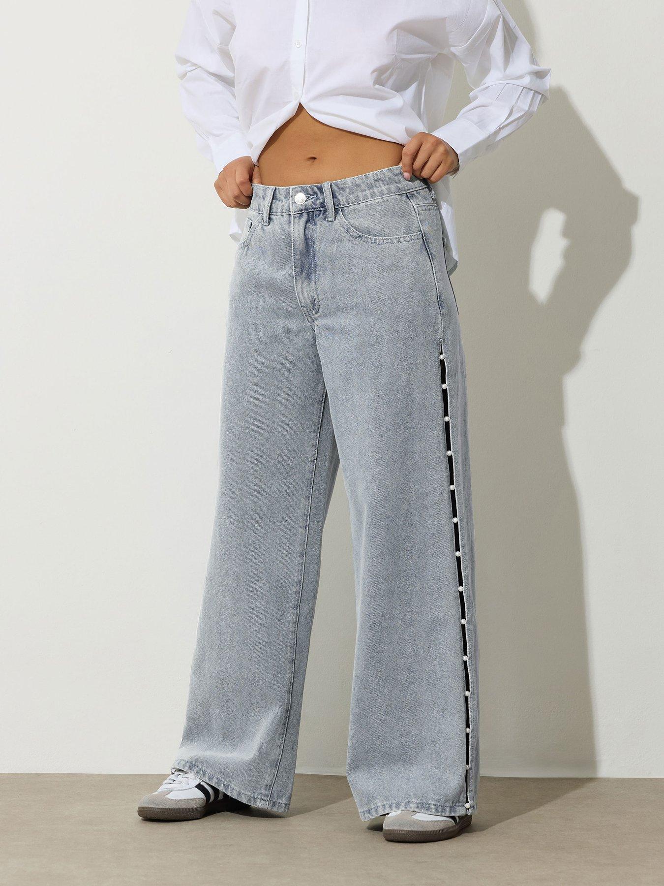 PixieGirl Petite Pearl Side Jean Wide Leg Jean - Blue