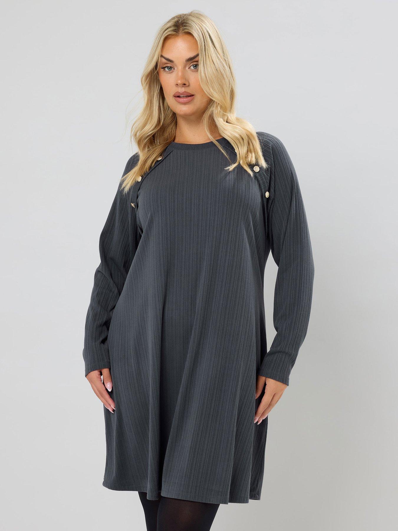 Yours Curve Military Rib Tunic Dress - Grey