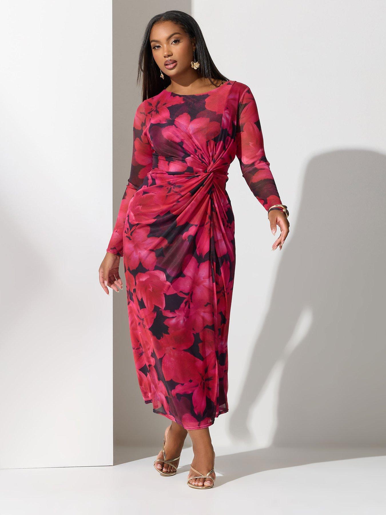 Yours Curve Floral Side Knot Dress - Pink