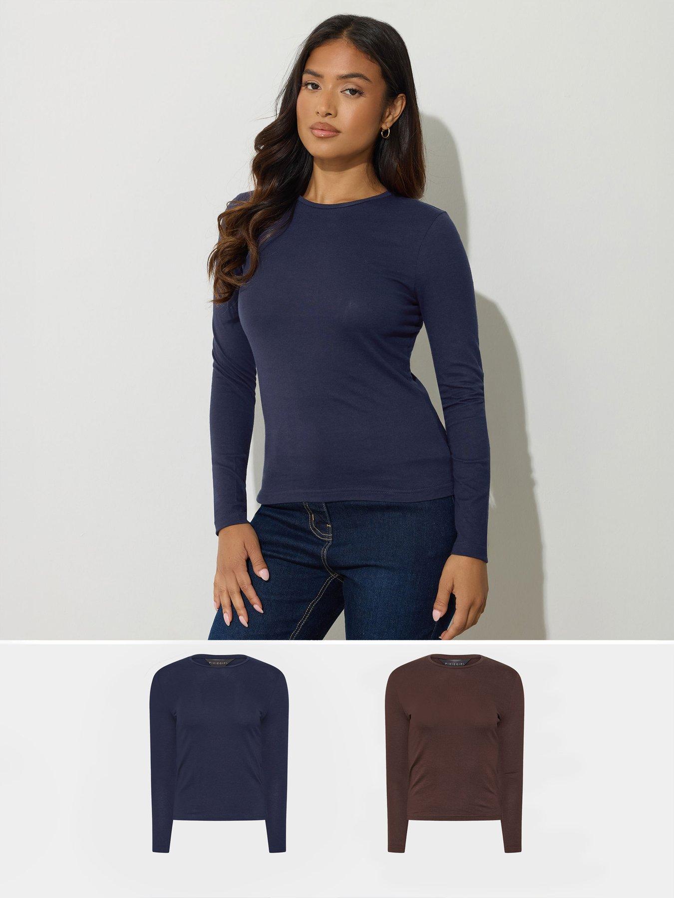 PixieGirl Petite 2 Pack Long Sleeve T-Shirt - Brown/Navy