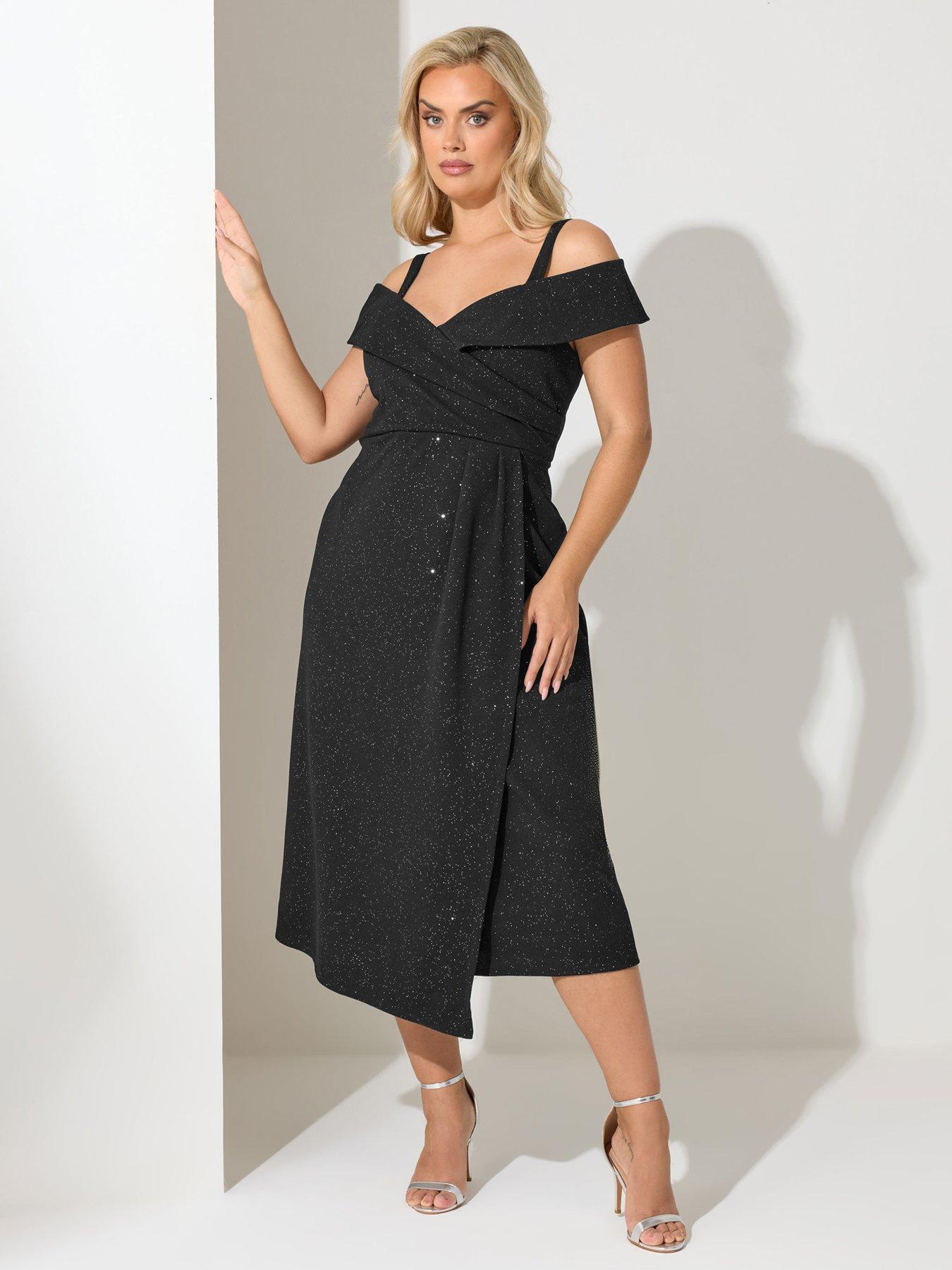 yours-curve-bardot-wrap-glitter-skater-dress-blackfront