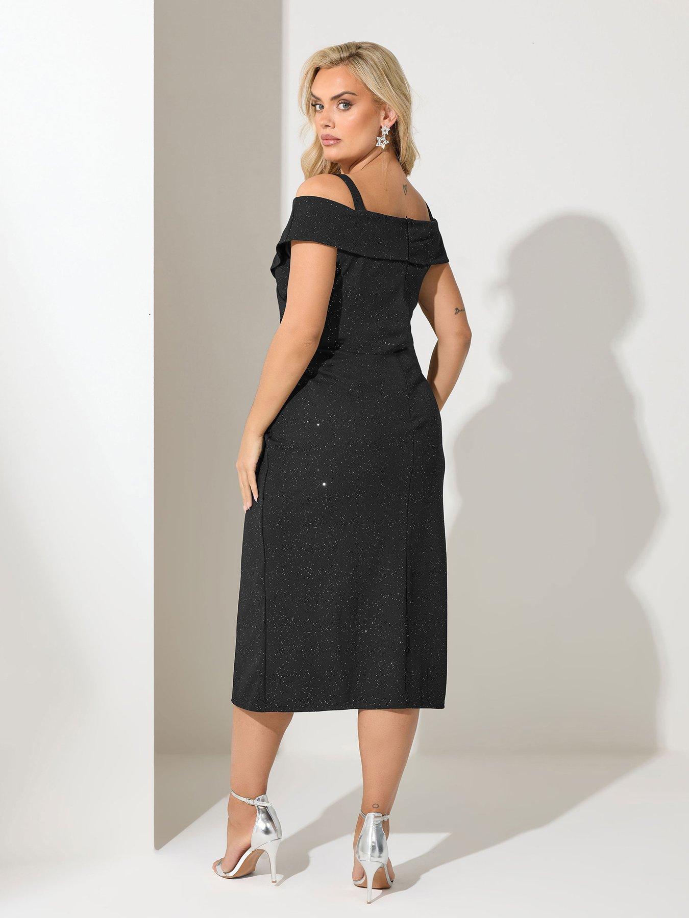 yours-curve-bardot-wrap-glitter-skater-dress-blackstillFront