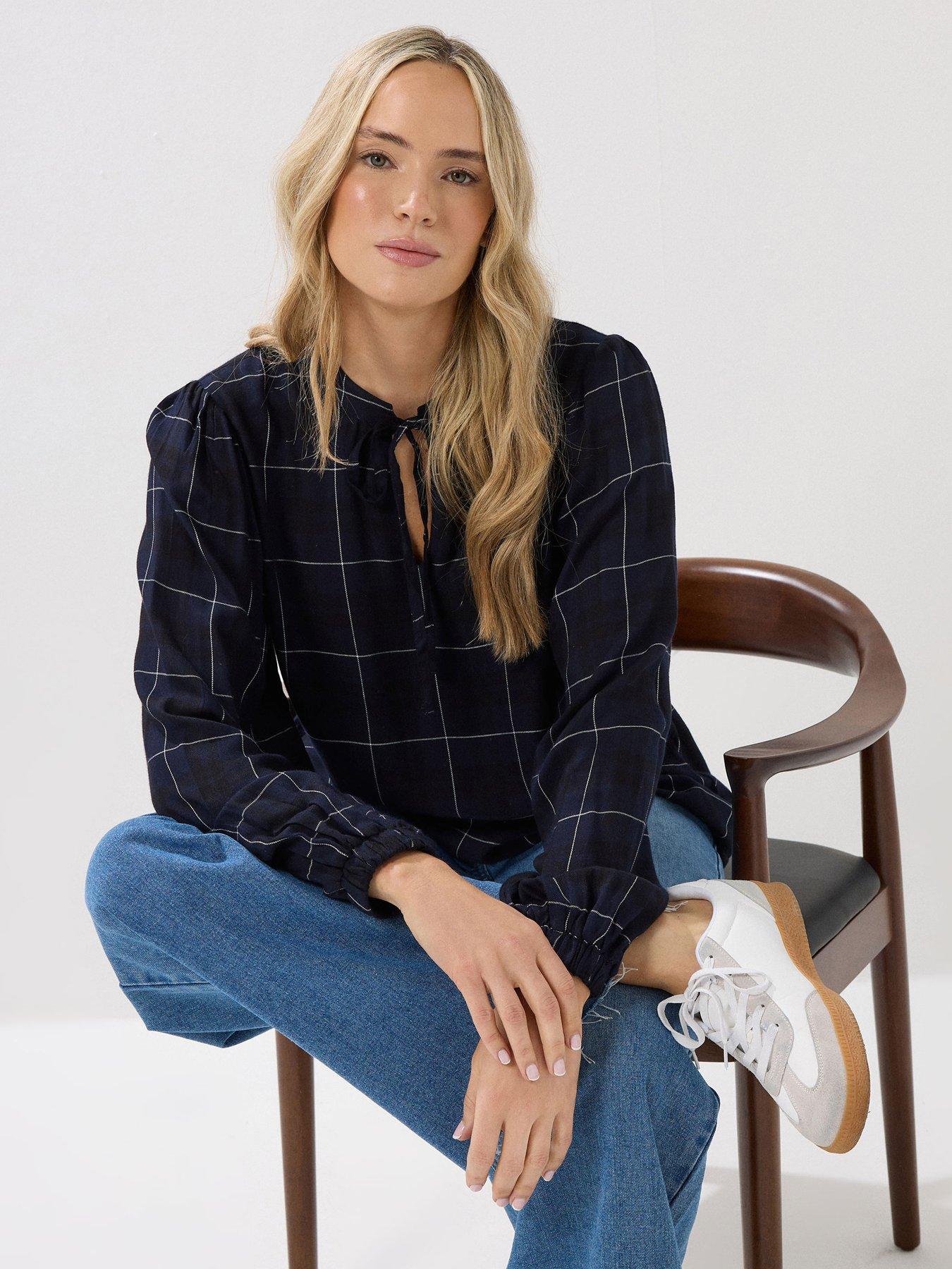 long-tall-sally-check-balloon-sleeve-blouse-blue