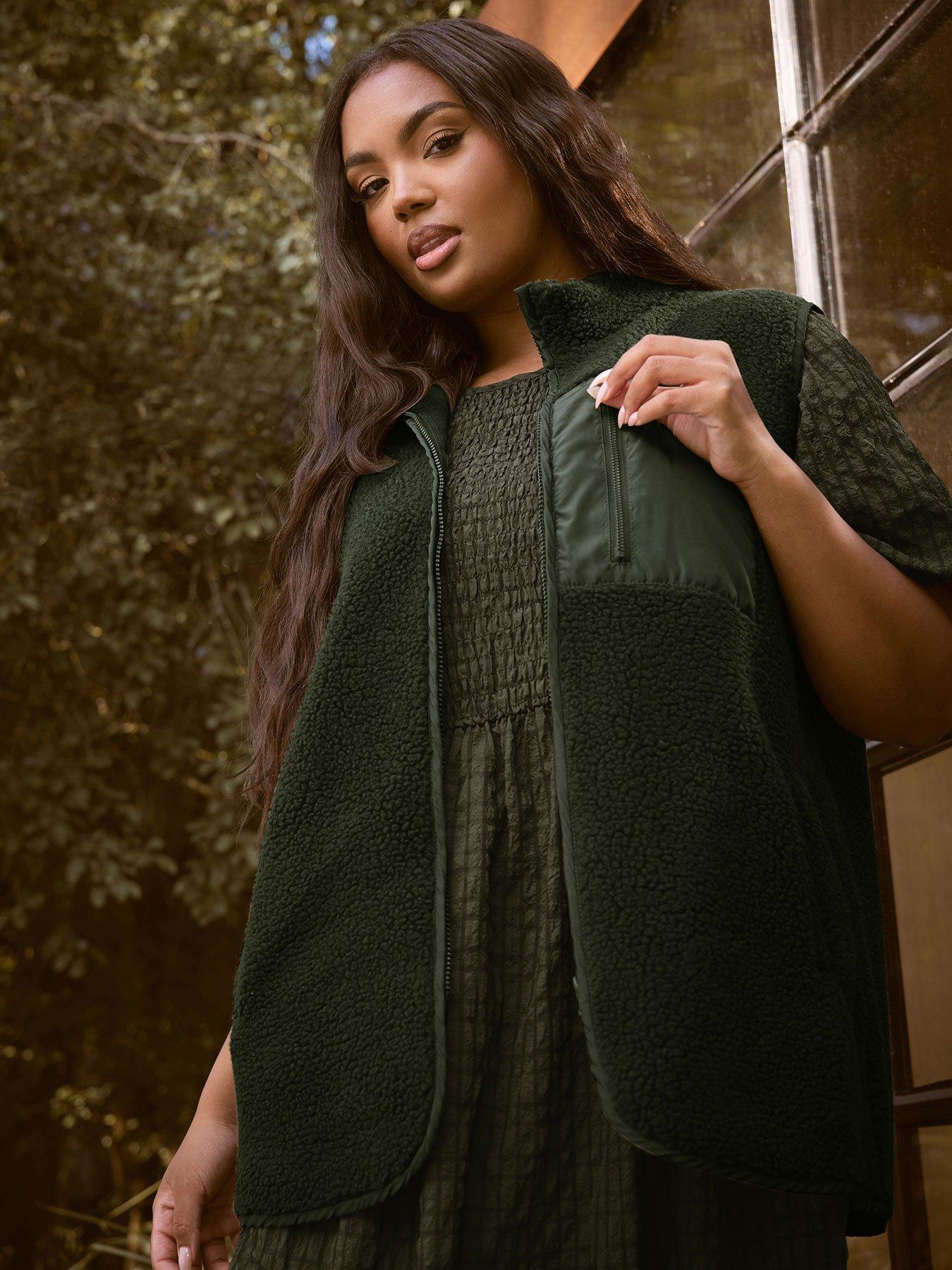 Yours Curve Borg Pocket Gilet - Green