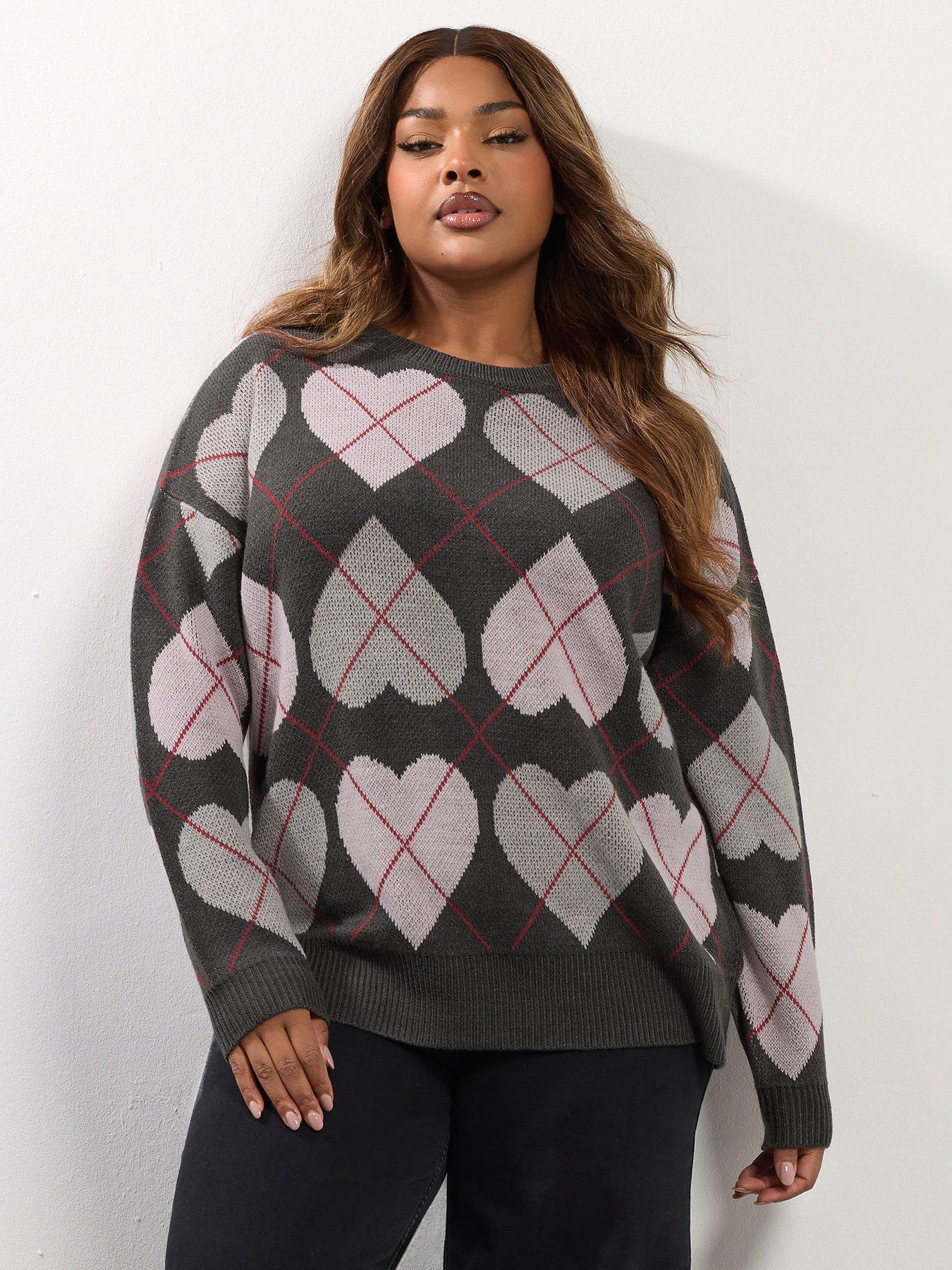 yours-curve-argyle-heart-jumper-greyfront