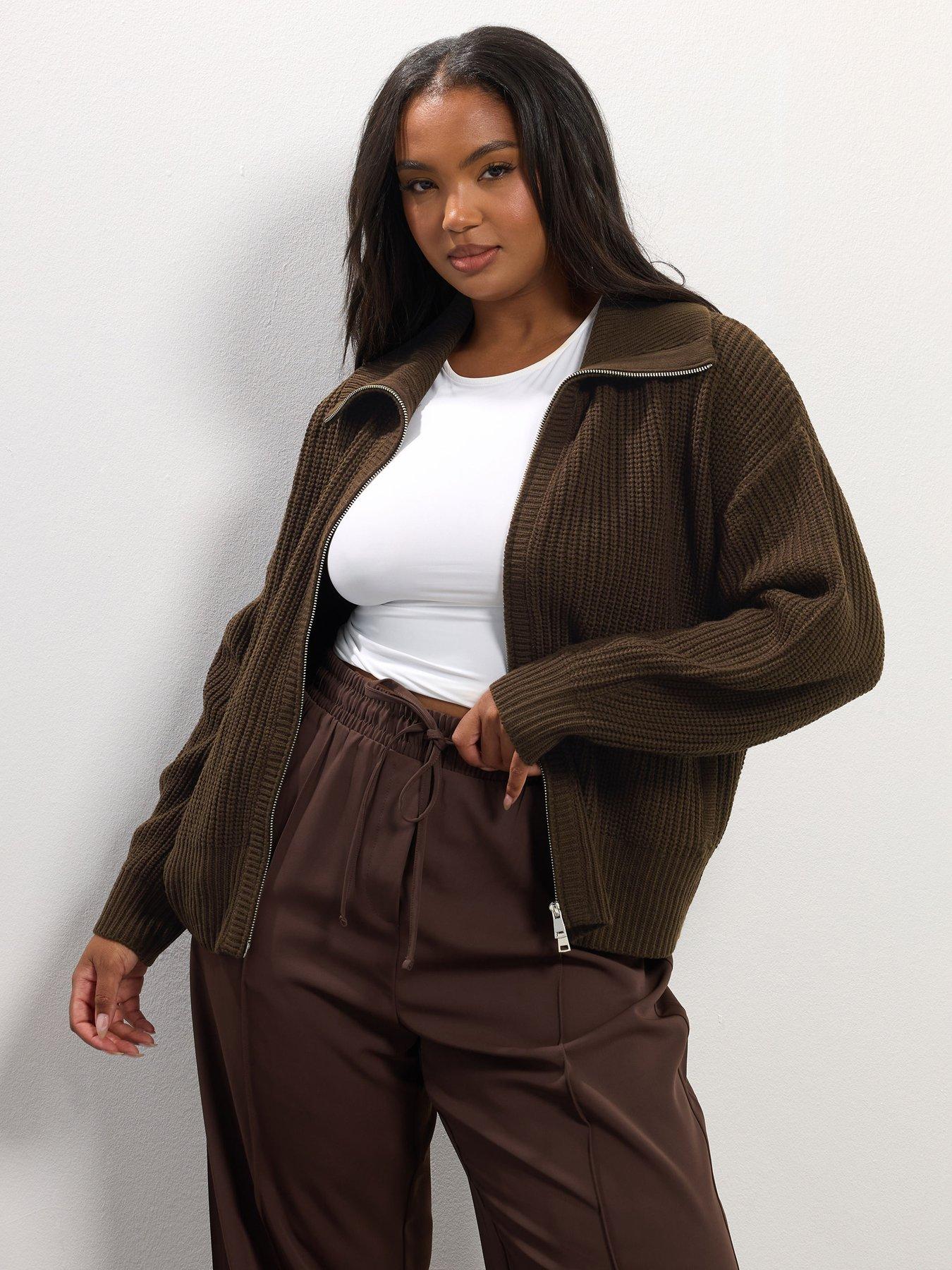 Image 1 of 4 of Yours Curve Funnel Neck Collar Bomber Cardigan - Brown