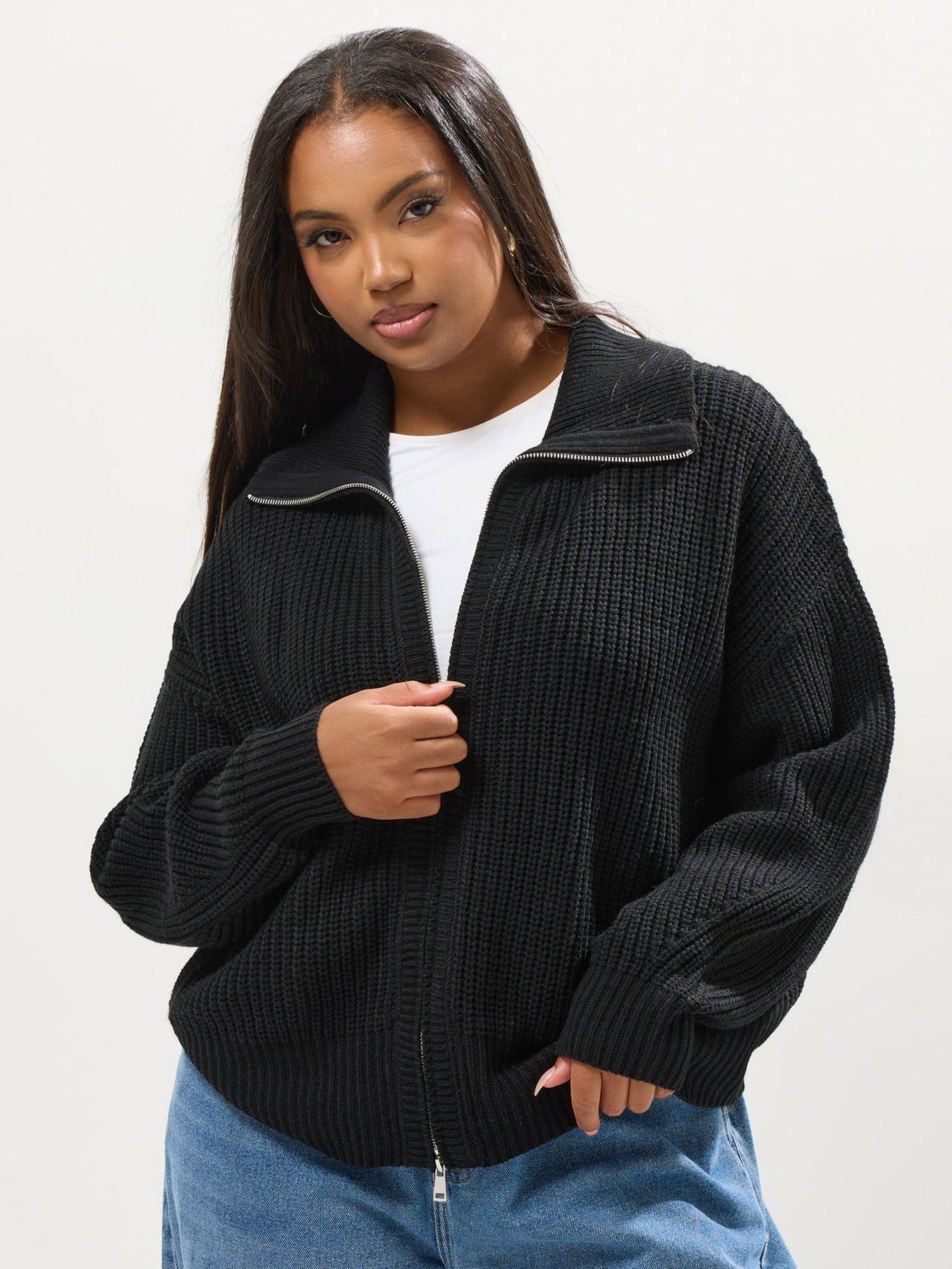 Yours Curve Funnel Neck Collar Bomber Cardigan - Black