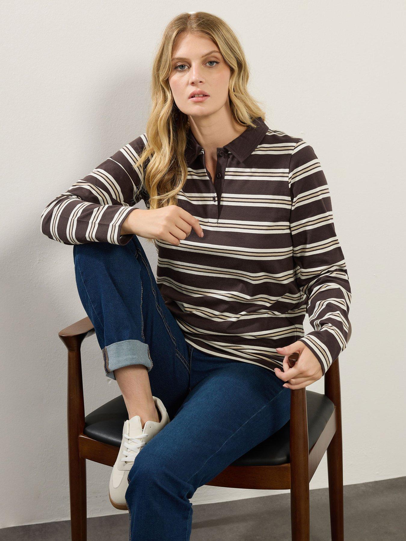 long-tall-sally-stripe-jersey-polo-top-brownfront