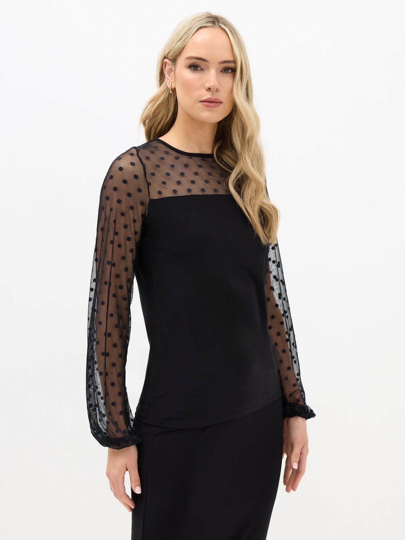 Image 1 of 4 of Long Tall Sally Spot Mesh Sleeve Yoke Top - Black